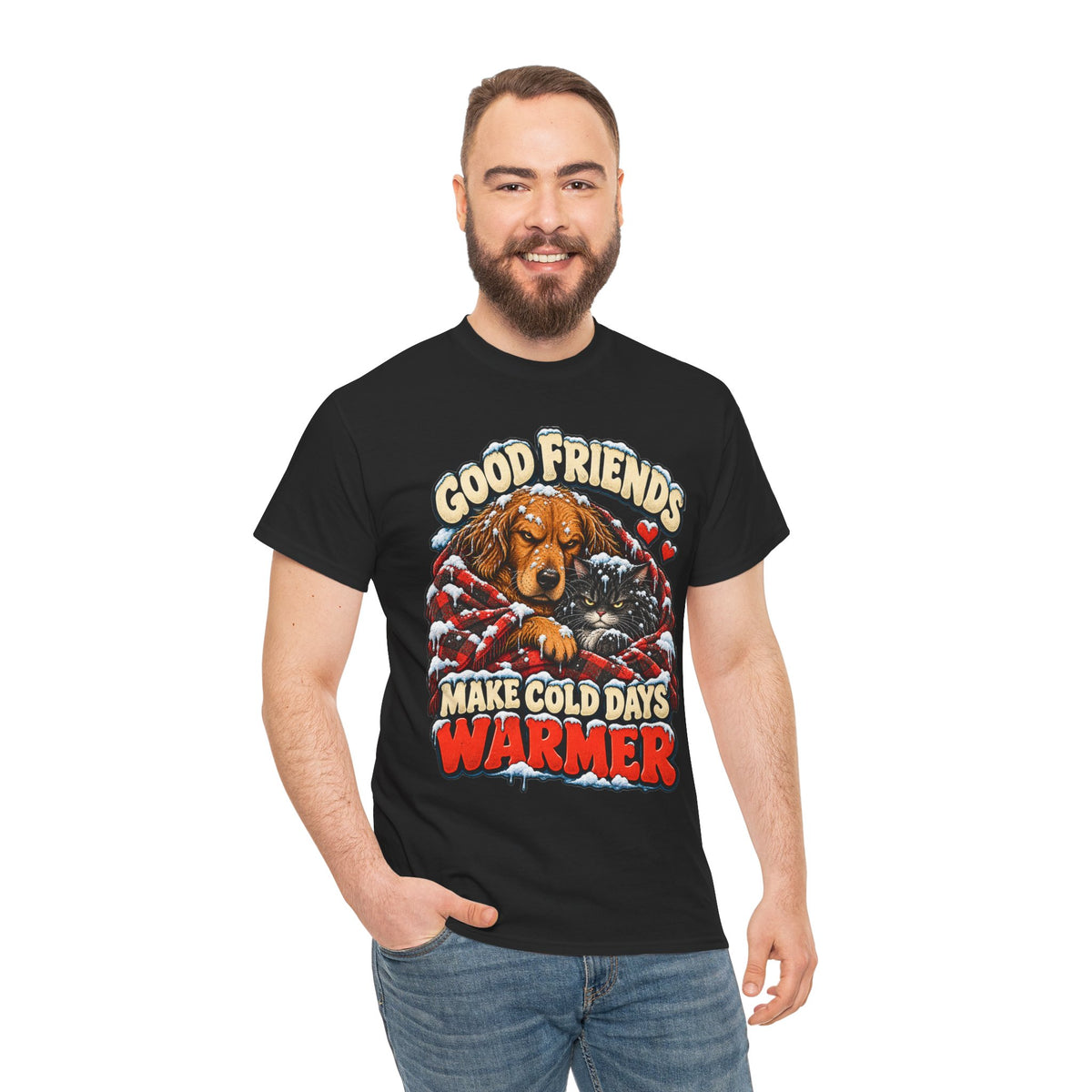 Good Friends Make Cold Days Warmer: Dog and Cat Winter T-Shirt