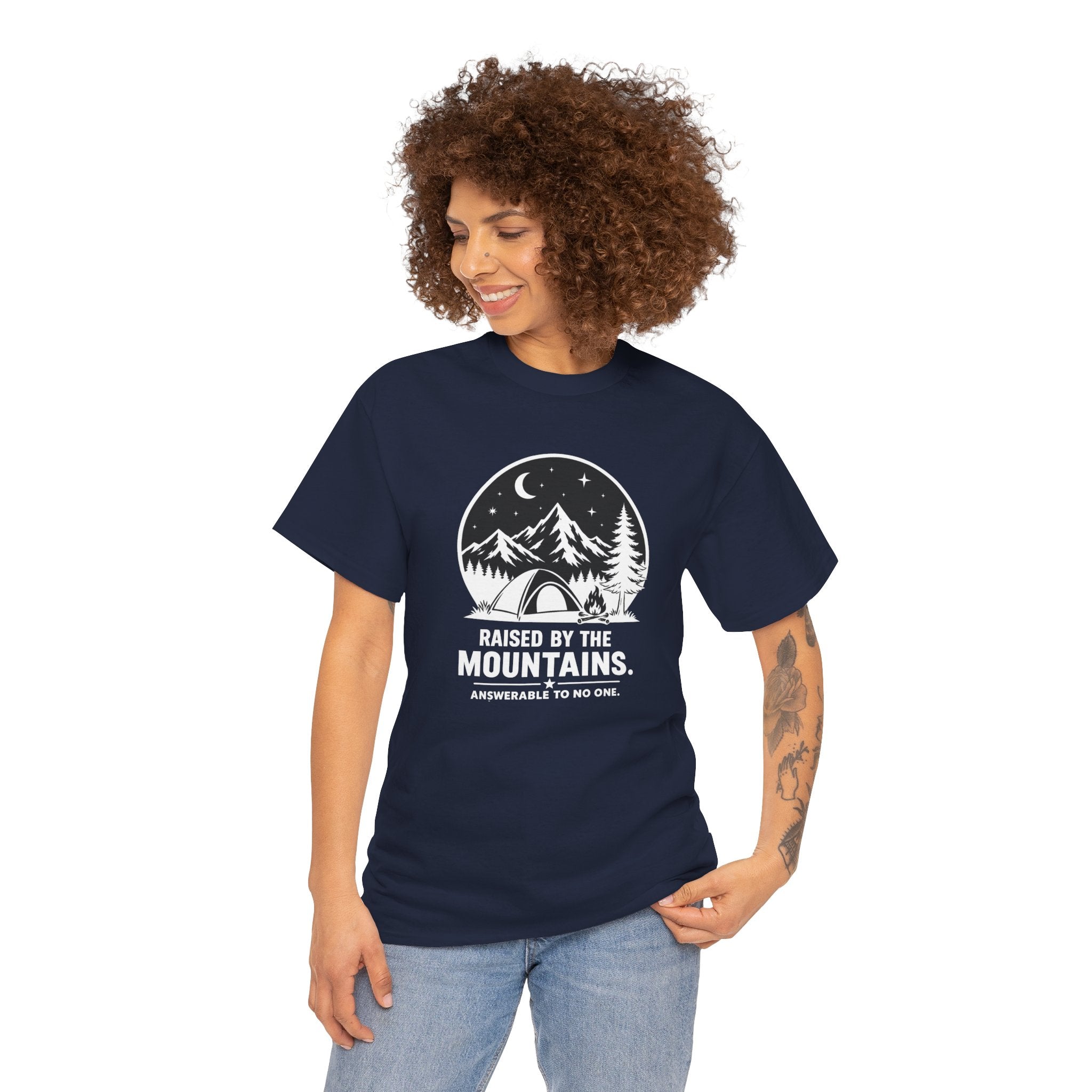 Raised By The Mountains T-Shirt — Mountain Tent Moon Graphic Tee