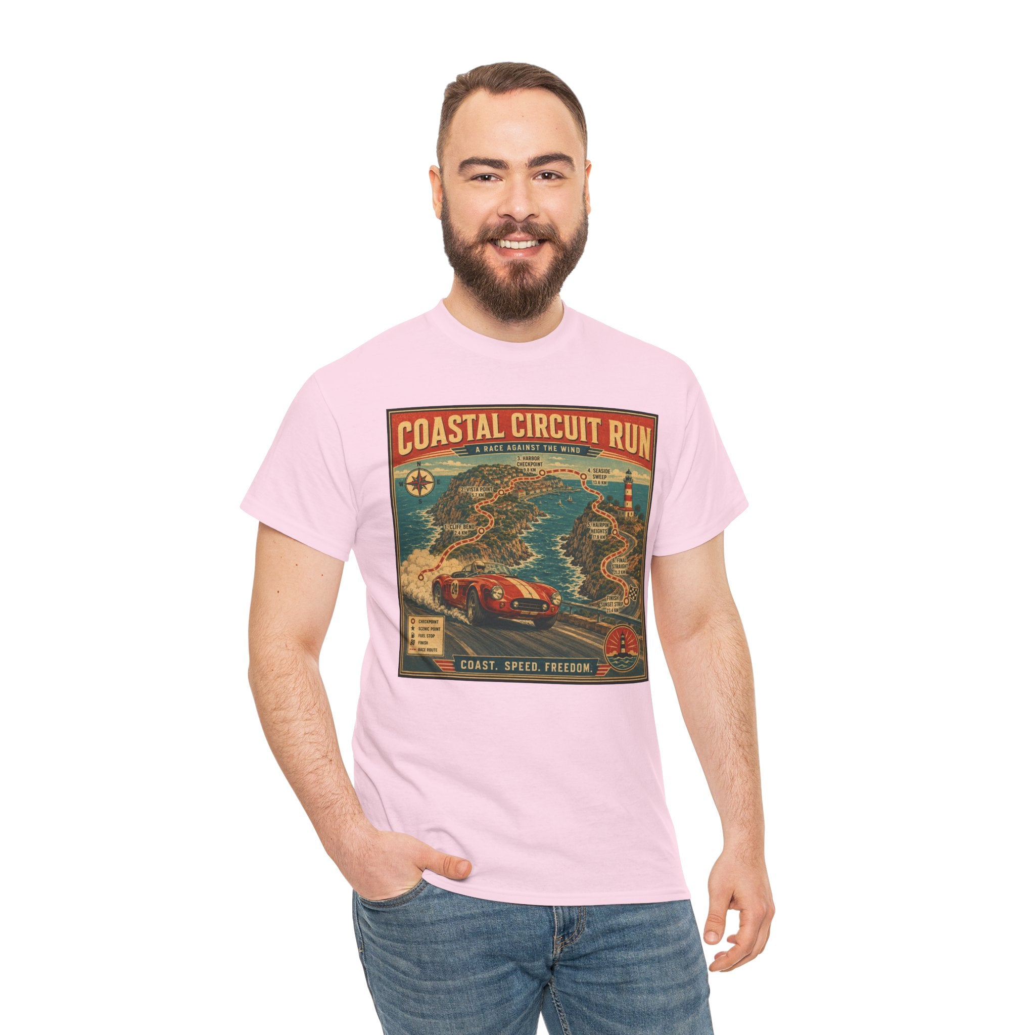 Coastal Circuit Run T-Shirt | Vintage Racing Map Graphic Tee | Classic Car Rally Route Shirt | Retro Motorsport Travel Poster Art