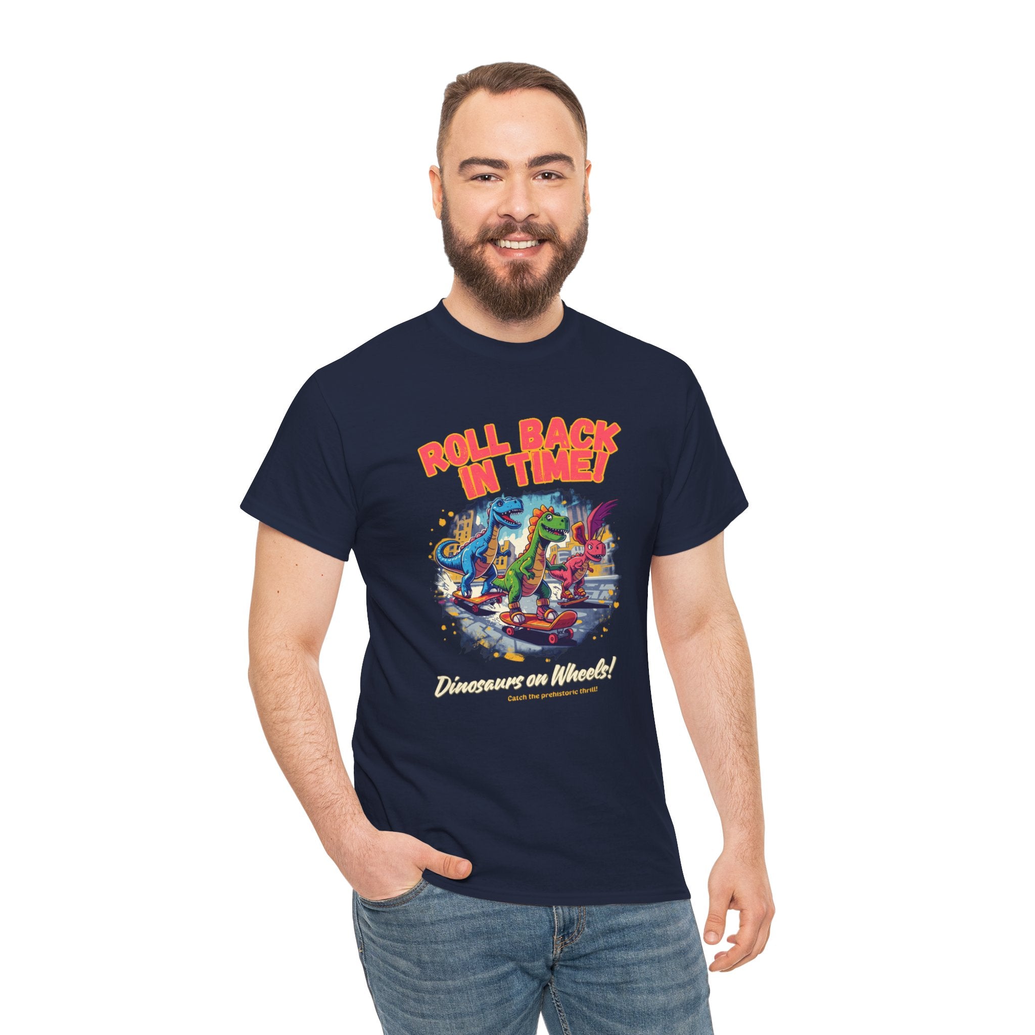 Roll Back In Time T-Shirt | Skateboarding Dinosaurs Street Art Design | Funny Dino Graphic Tee | Cartoon Fun Collection