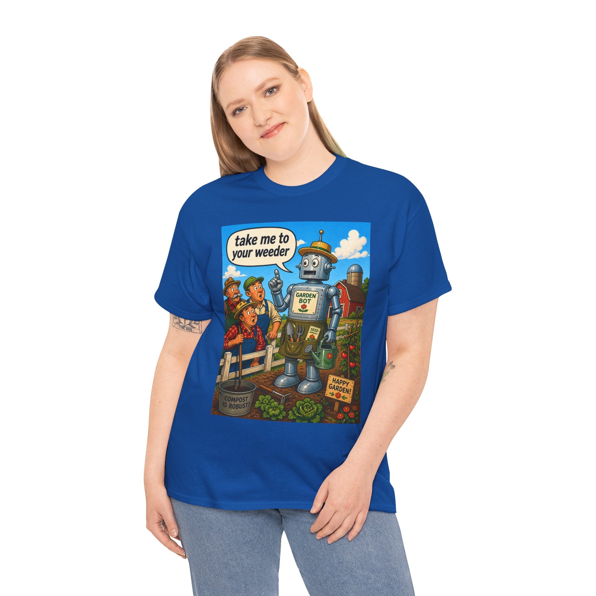 T-Shirt — "Take Me to Your Weeder" Vintage Robot Gardening Tee