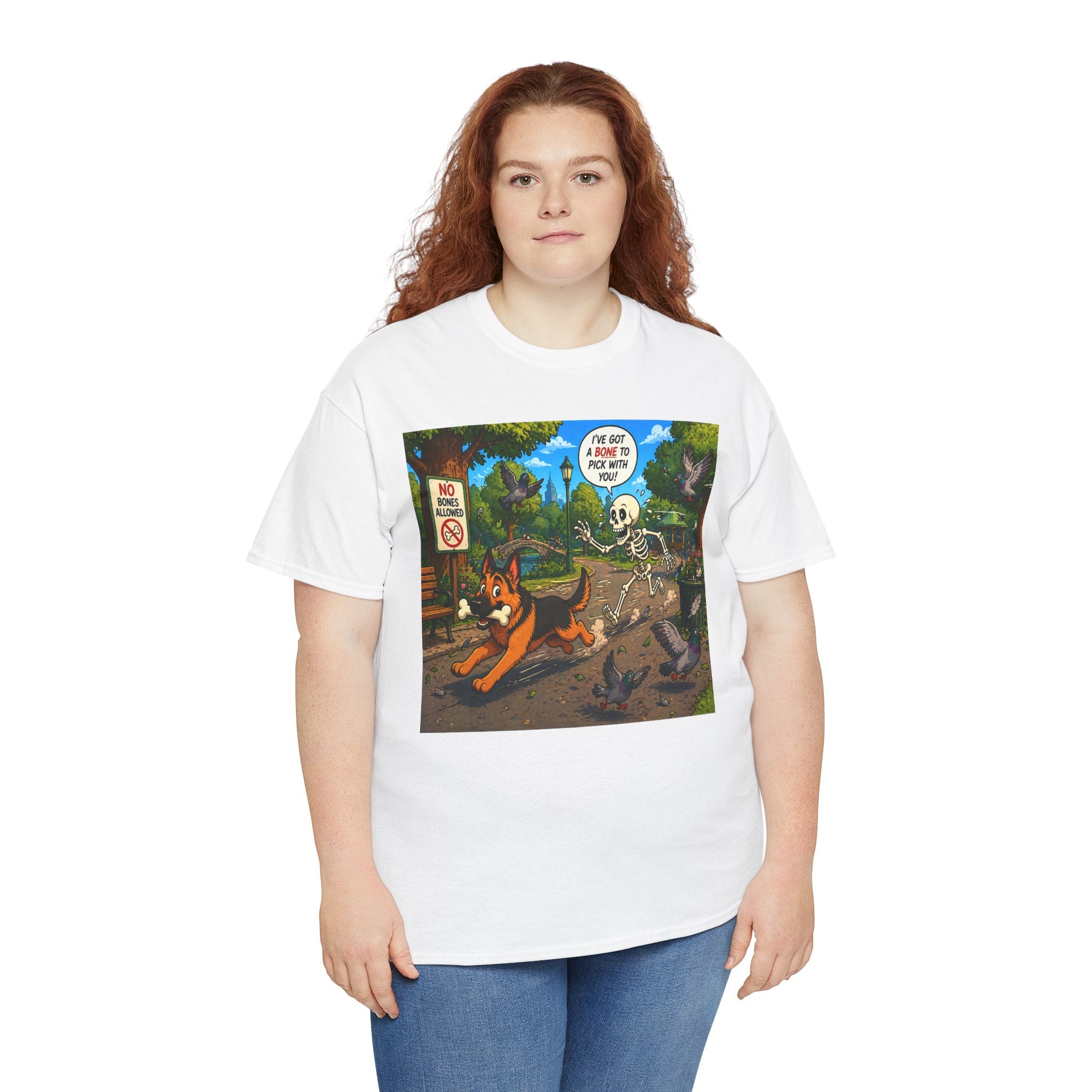 German Shepherd Running Cartoon Tee — "I’m Out Of Here" Park Scene Graphic T-Shirt