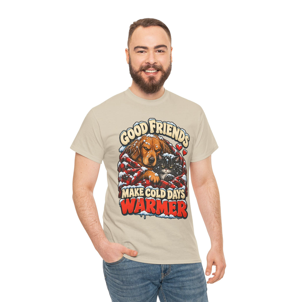 Good Friends Make Cold Days Warmer: Dog and Cat Winter T-Shirt