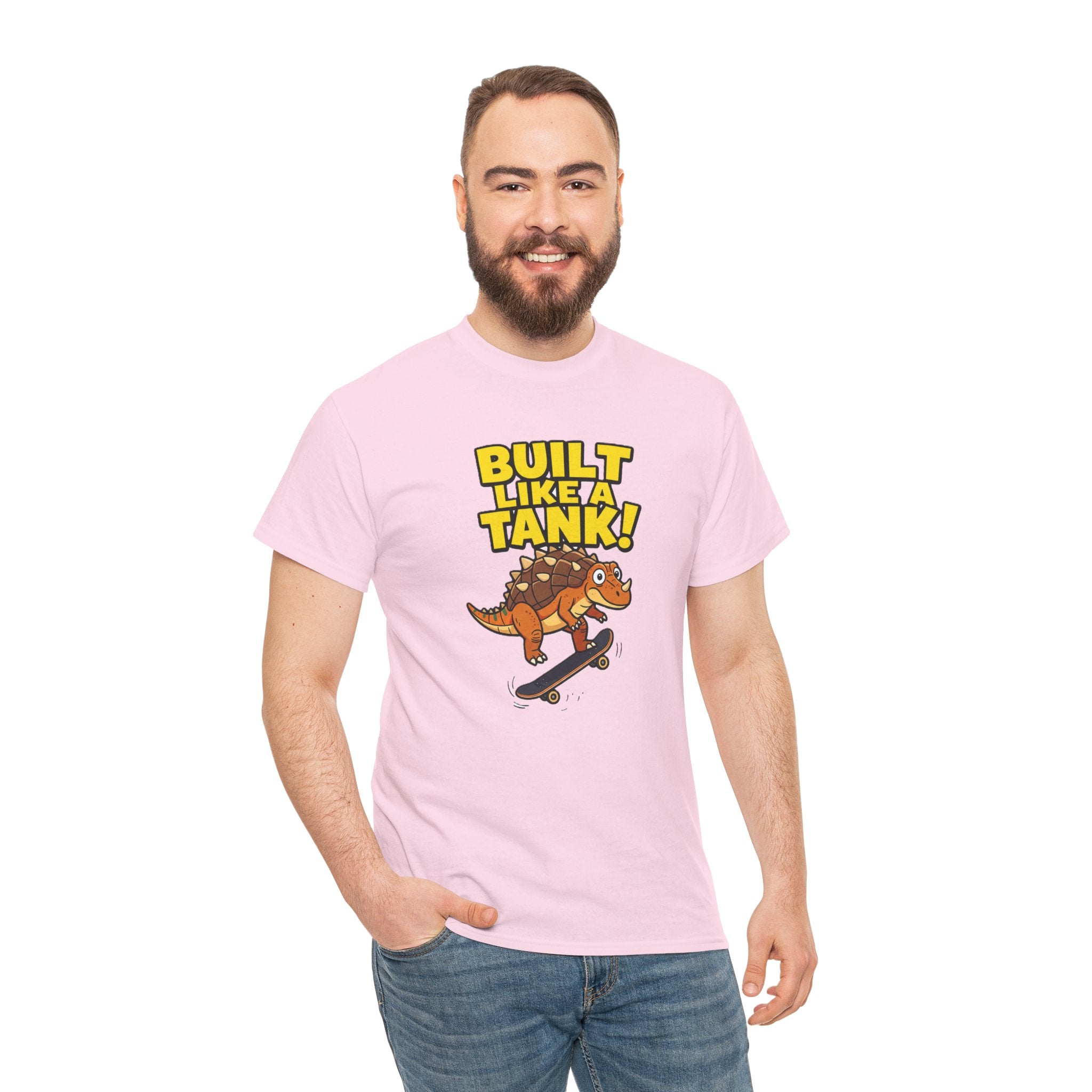 Built Like a Tank T-Shirt – Funny Ankylosaurus Skateboard Cartoon Dinosaur | Armoured Dino Skater Graphic Tee