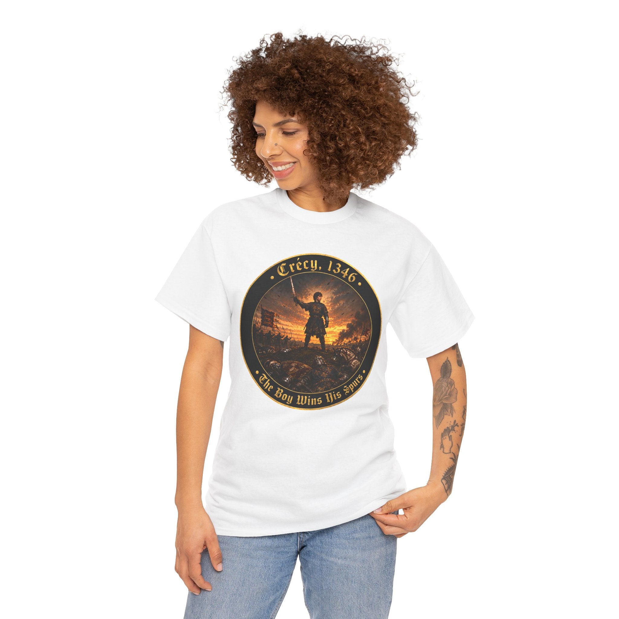 Crécy 1346 T-Shirt — "The Boy Wins His Spurs" Medieval Battle Roundel Graphic Tee