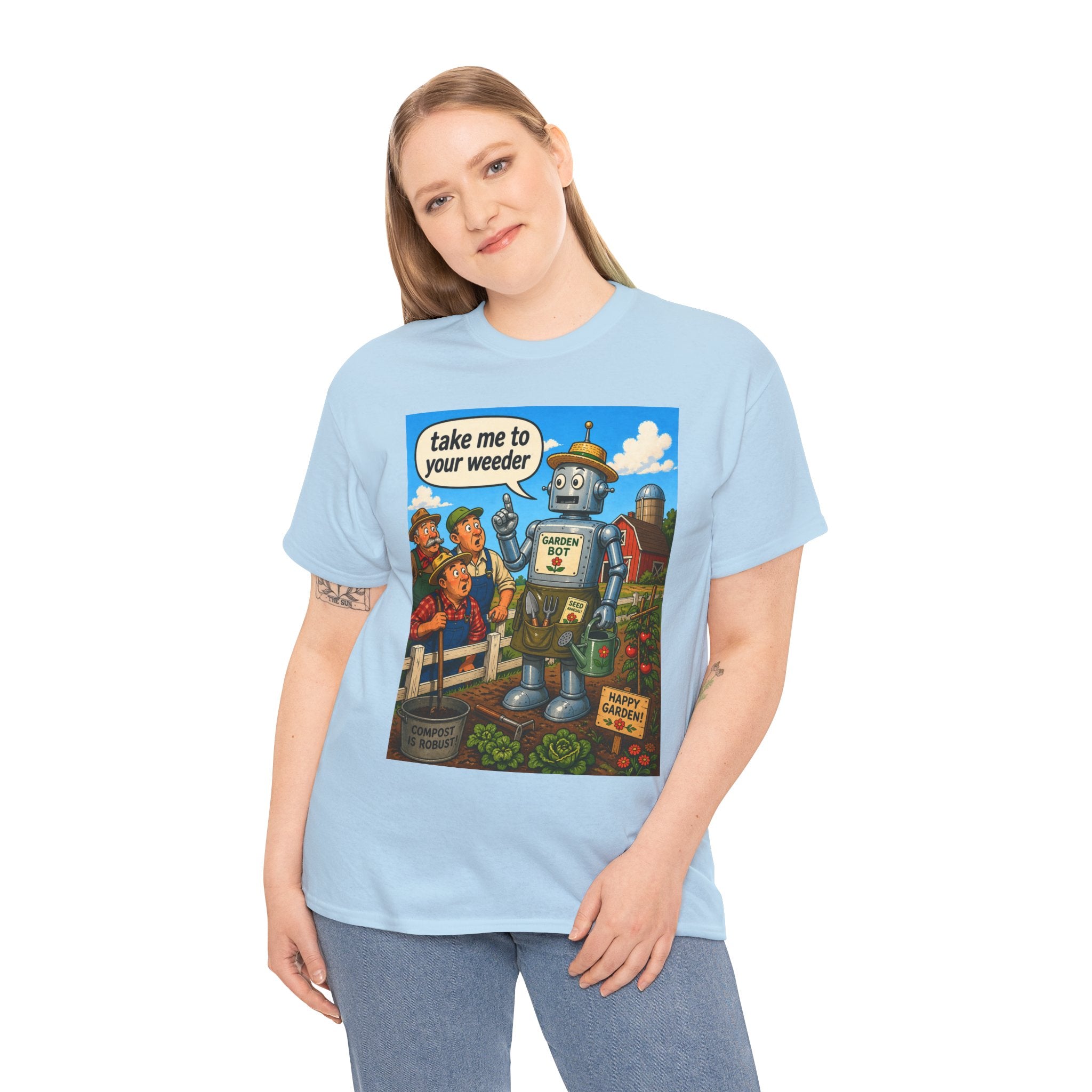 T-Shirt — "Take Me to Your Weeder" Vintage Robot Gardening Tee