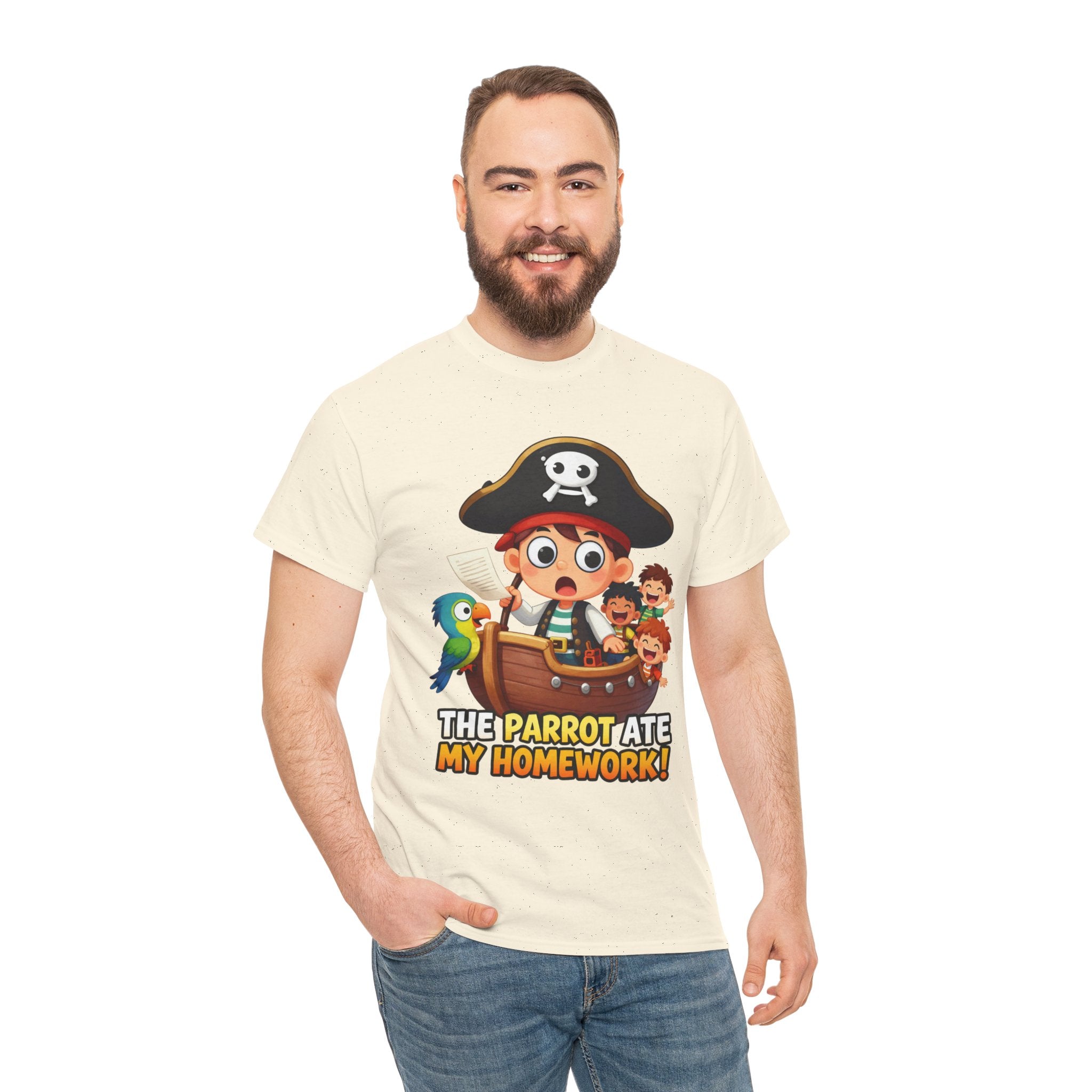 The Parrot Ate My Homework T-Shirt – Funny Pirate School Excuse Cartoon | Kids Pirate Humour Graphic Tee