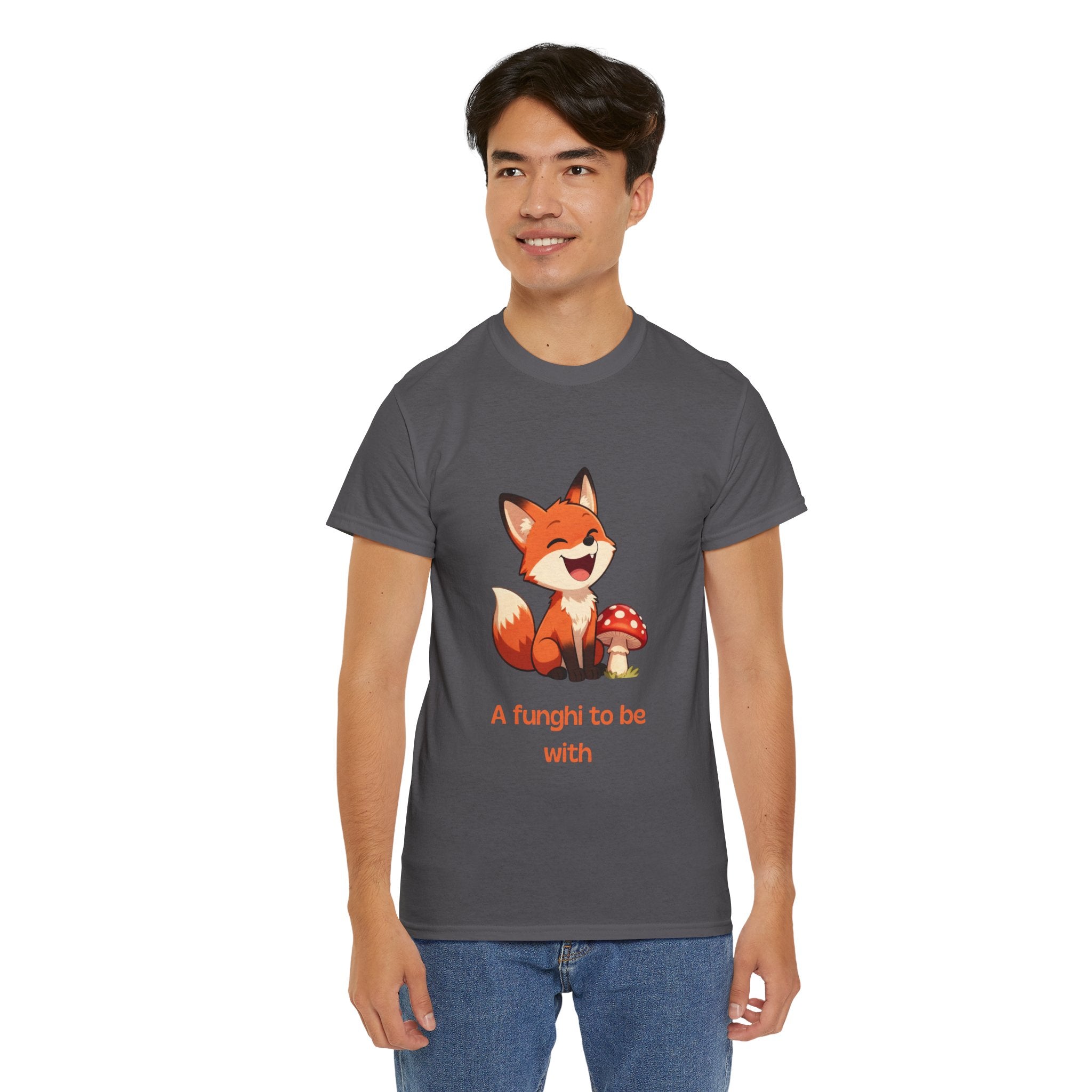 Funny Cartoon Fox T-Shirt | "A Funghi To Be With" Cute Mushroom Pun Tee