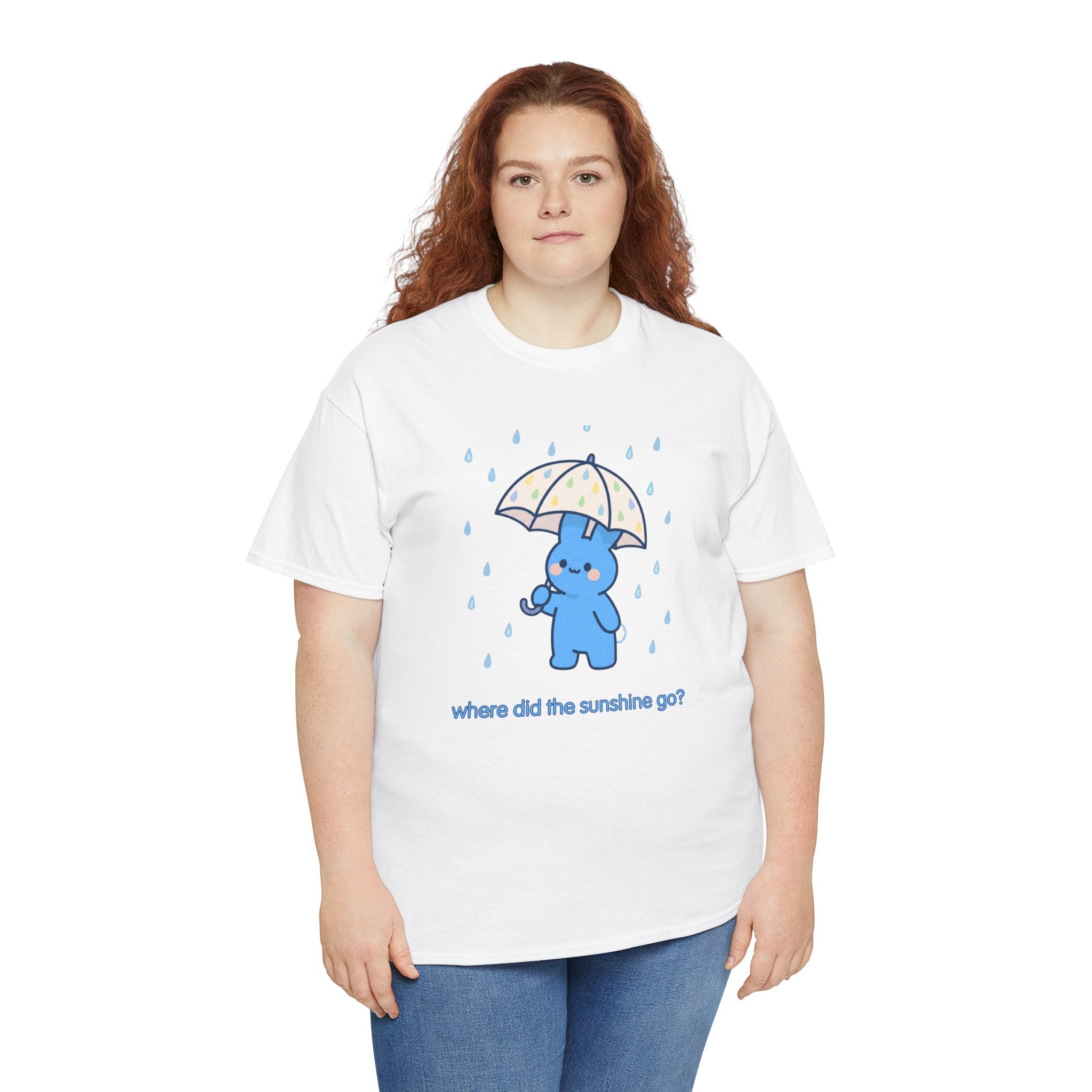 Cute Blue Bunny Tee — "Where Did the Sunshine Go?" Rainy Day Graphic T-Shirt - Where did the sunshine go? 🌧️🐰 Our little blue bunny is braving the rain with the cutest polka dot umbrella