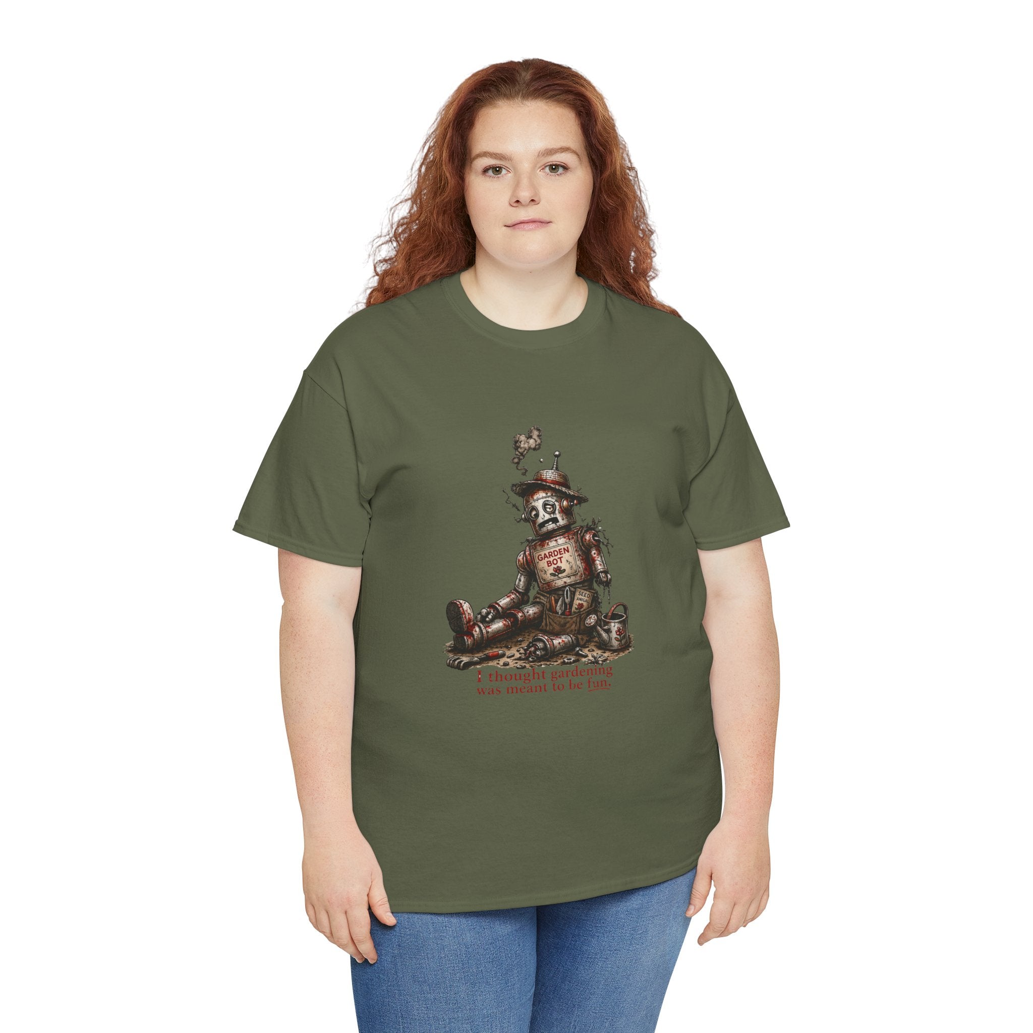 T-Shirt — Vintage Tin Toy Robot Graphic Tee (“I Thought Gardening was meant to be fun”)