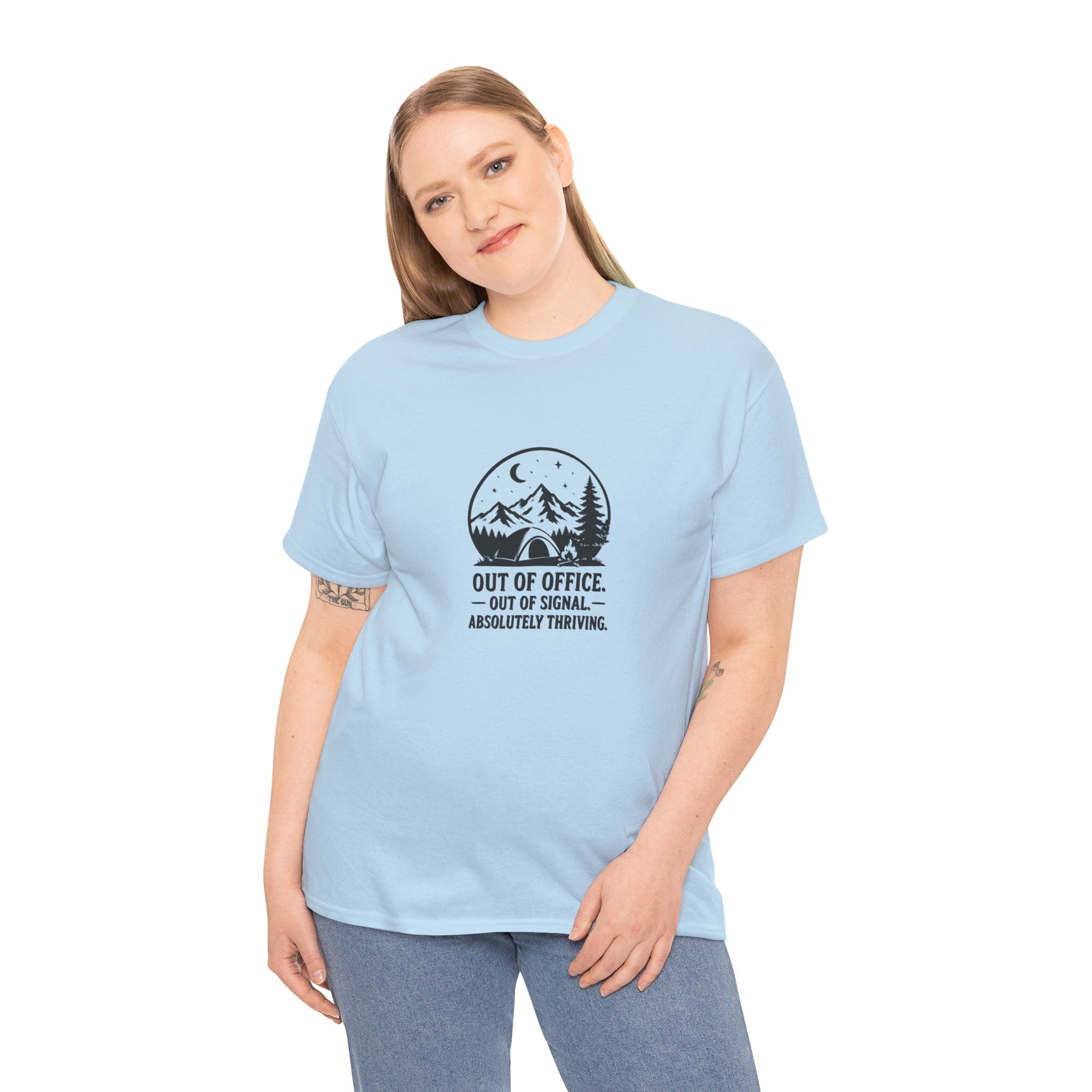 Out of Office Camping T‑Shirt — “Out of Office, Out of Signal, Absolutely Thriving”