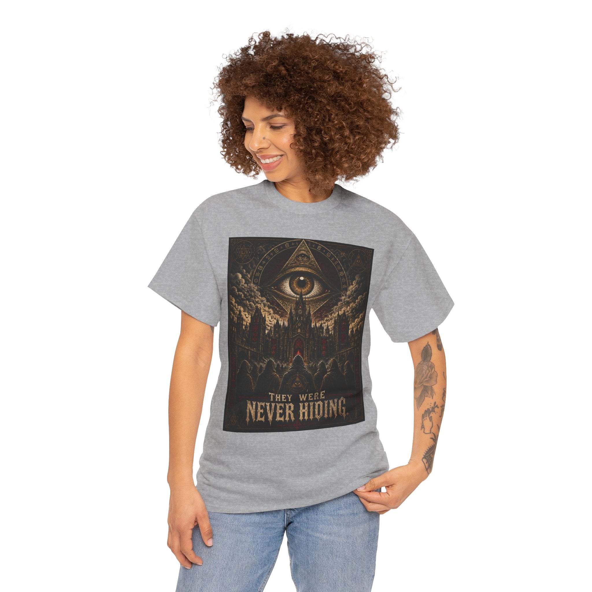 They Were Never Hiding T-Shirt | All Seeing Eye Conspiracy Graphic Tee | Gothic Cathedral Occult Shirt | Dark Academia Mystic Art