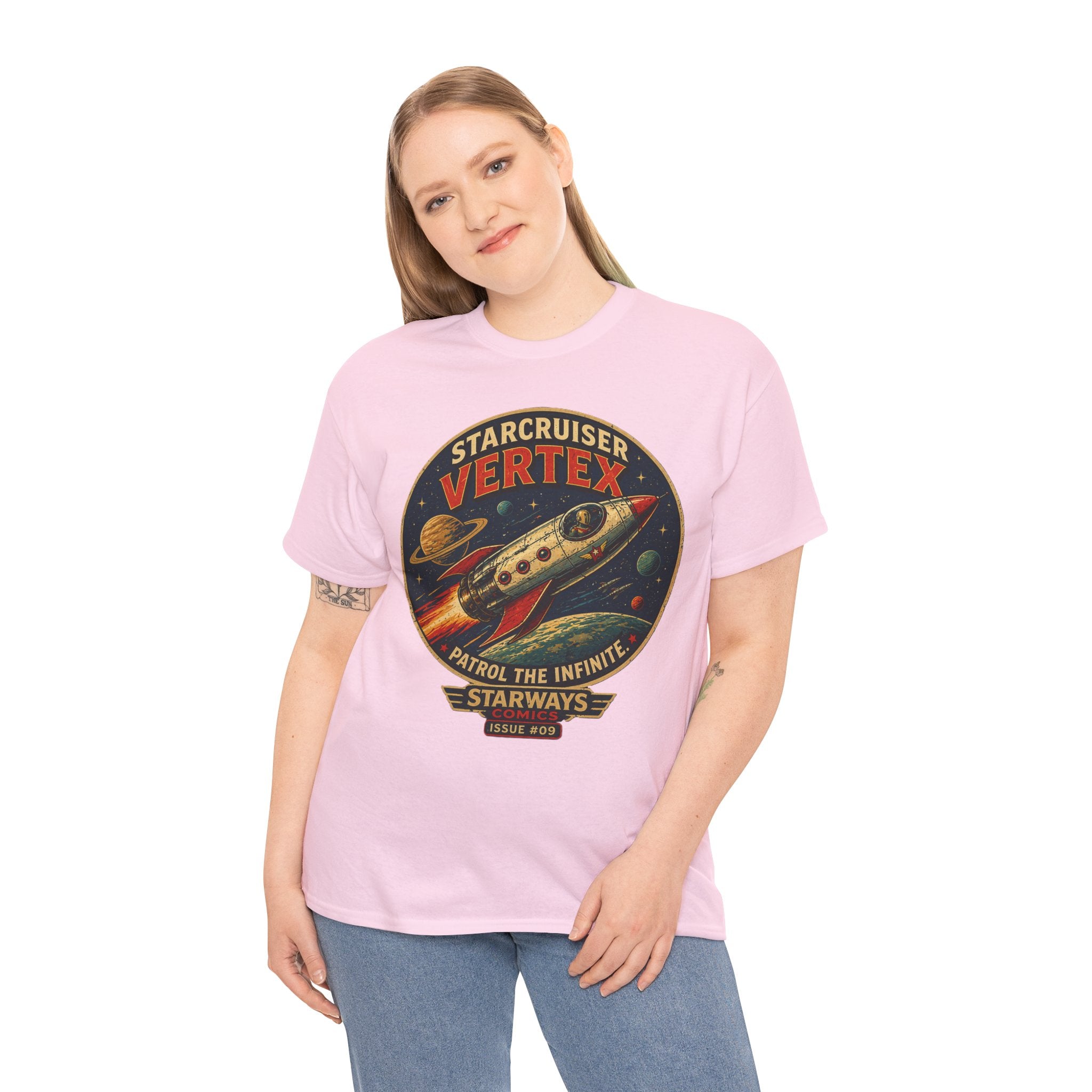 Starcruiser Vertex T-Shirt | Retro Sci-Fi Rocket Ship Graphic Tee | Vintage Space Comic Pilot Shirt | Starways Comics Issue 9