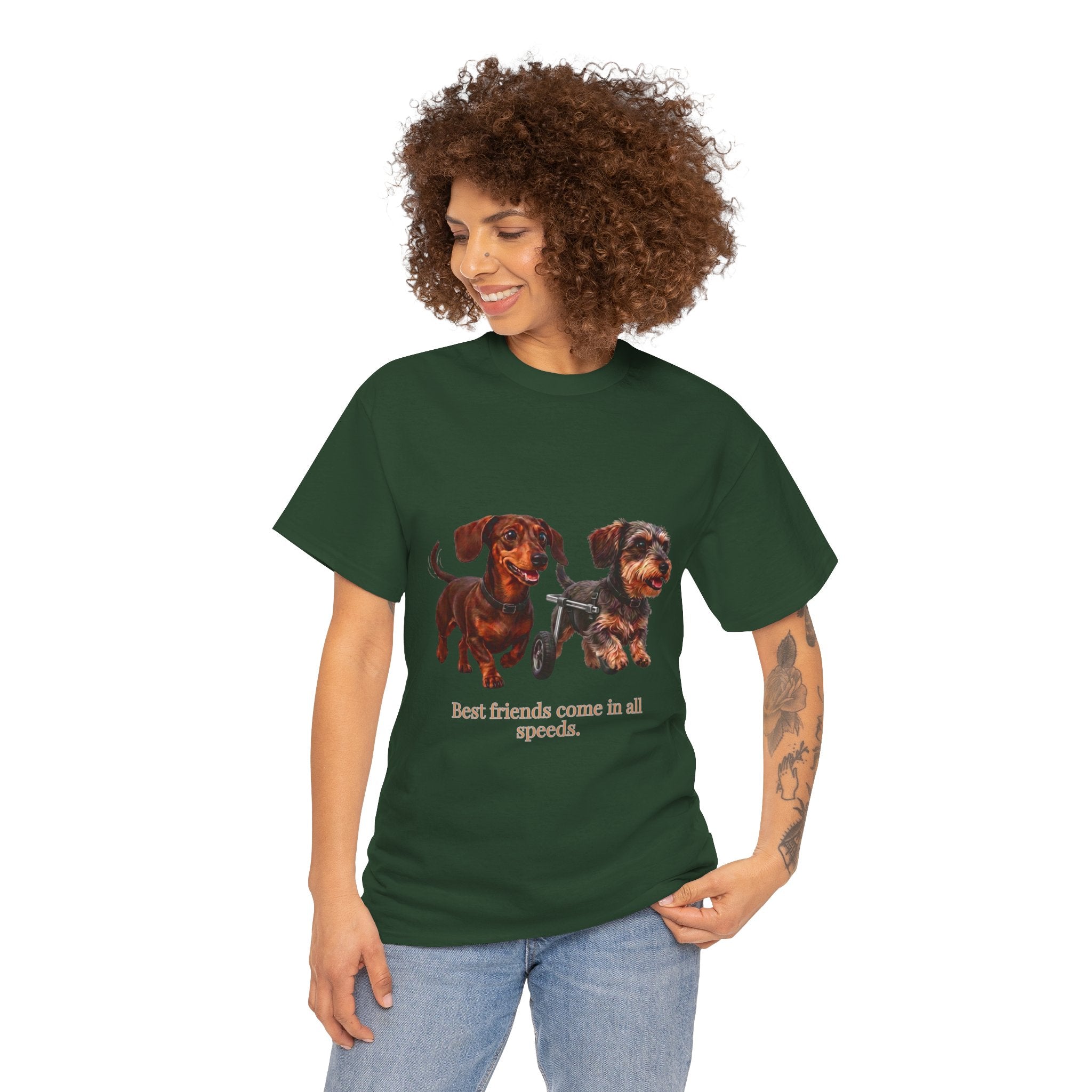 Dachshund Friends T-Shirt — Best Friends Roll Together | Cute Dachshund Mobility Dog Tee | Heartwarming Furry Friends Graphic T-Shirt