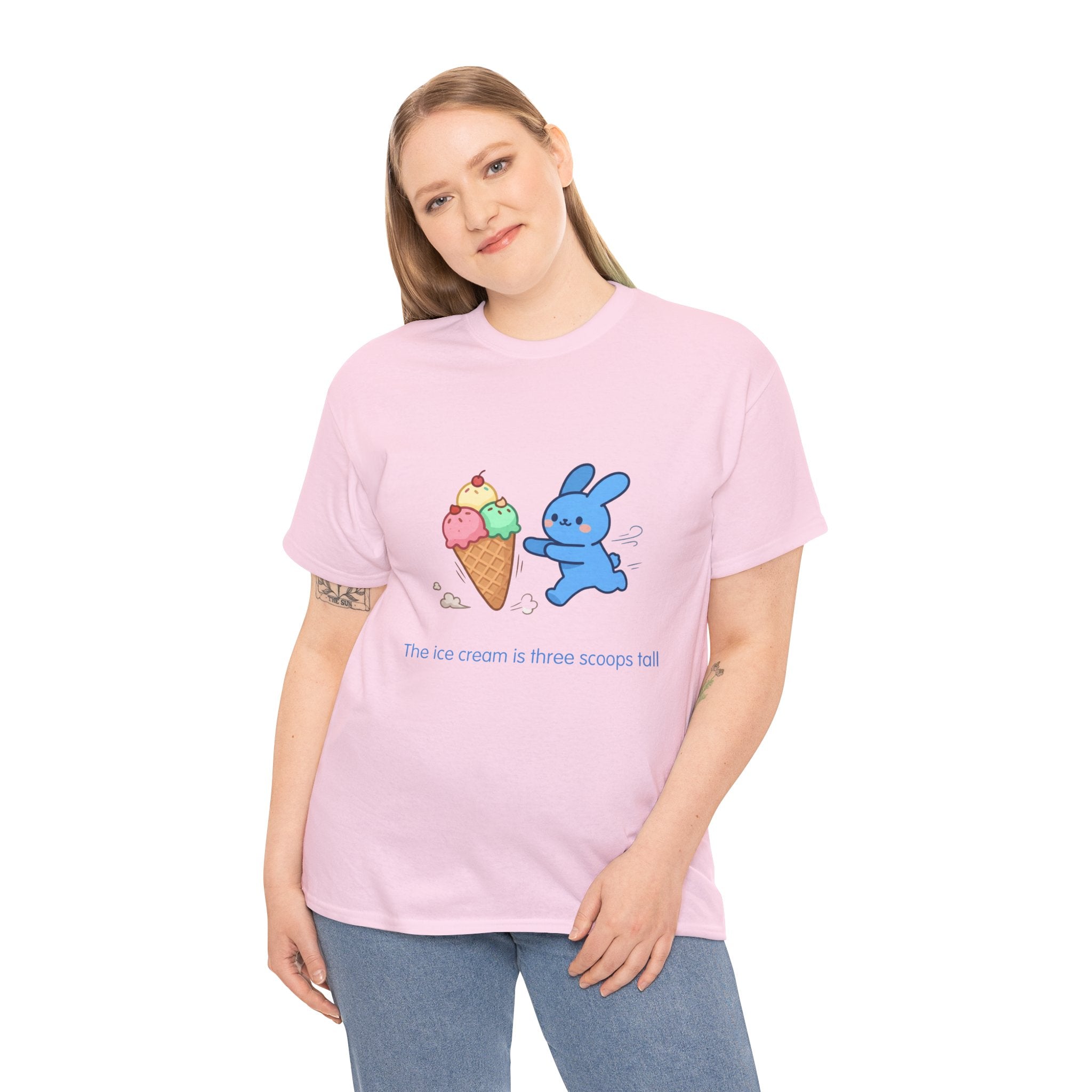 Ice Cream Bunny T-Shirt — The ice cream is three scoops tall. The bunny is determined.