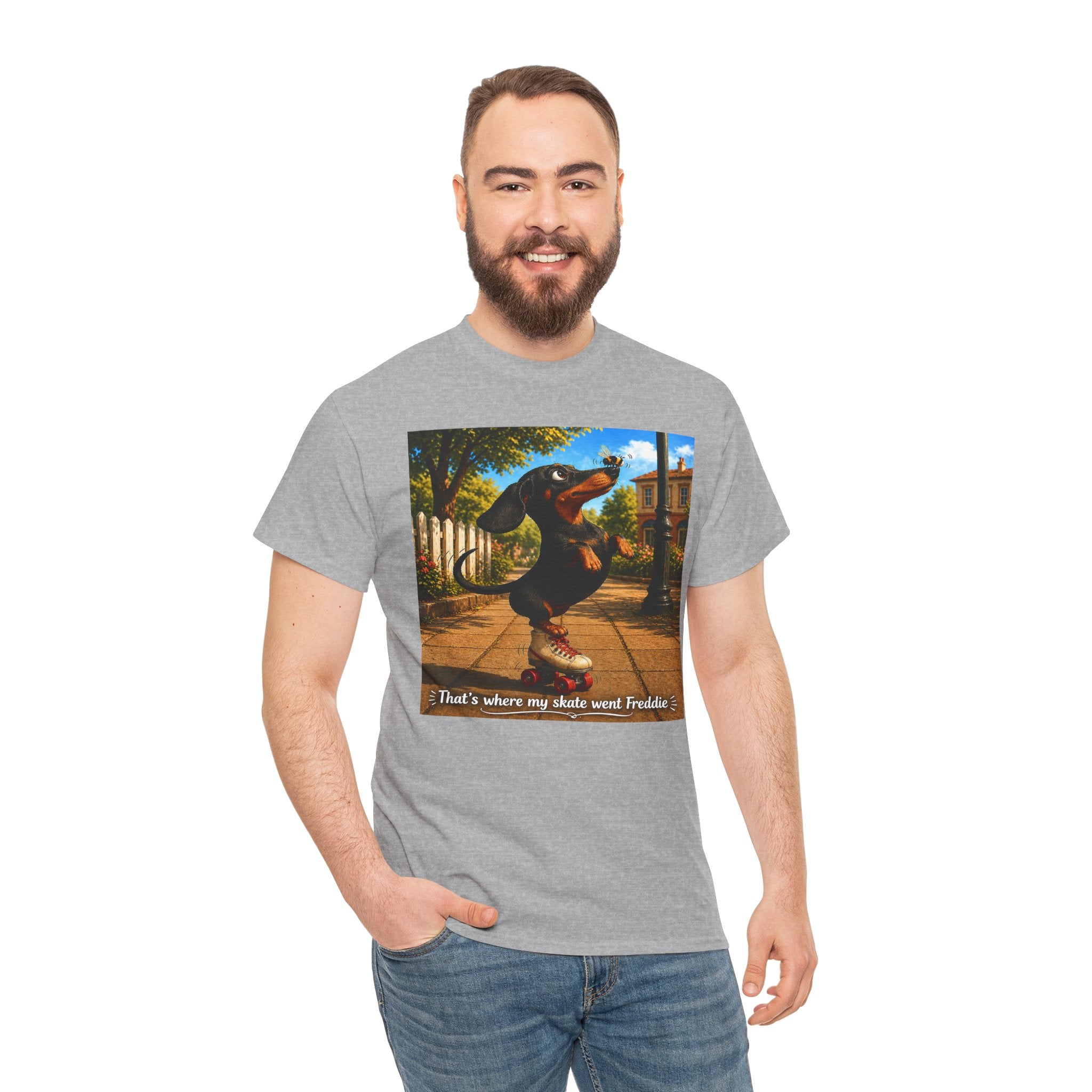 Dachshund on Skate T-Shirt — "That's Where My Skate Went Freddie" Retro Skate Tee