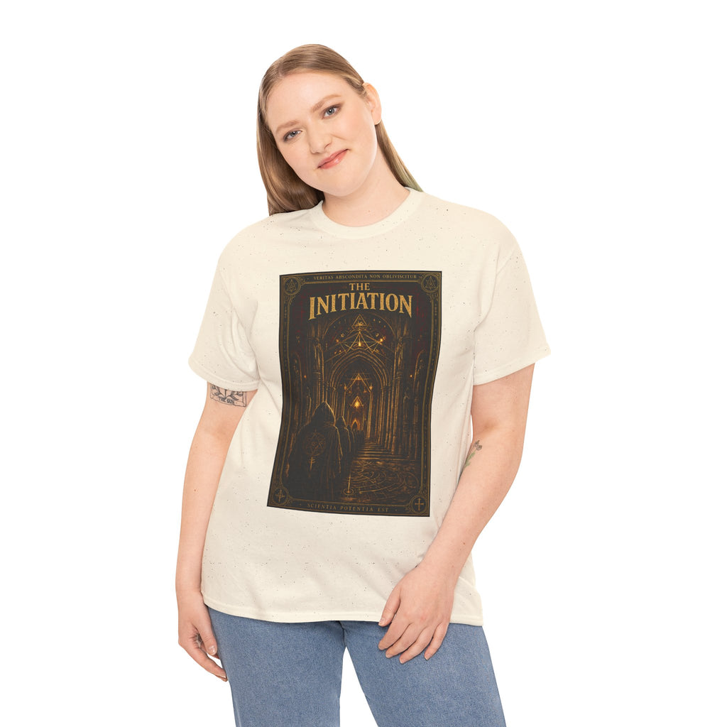 The Initiation T-Shirt | Gothic Cathedral Occult Graphic Tee | Hooded Ritual Procession Shirt | Dark Academia Mystic Art