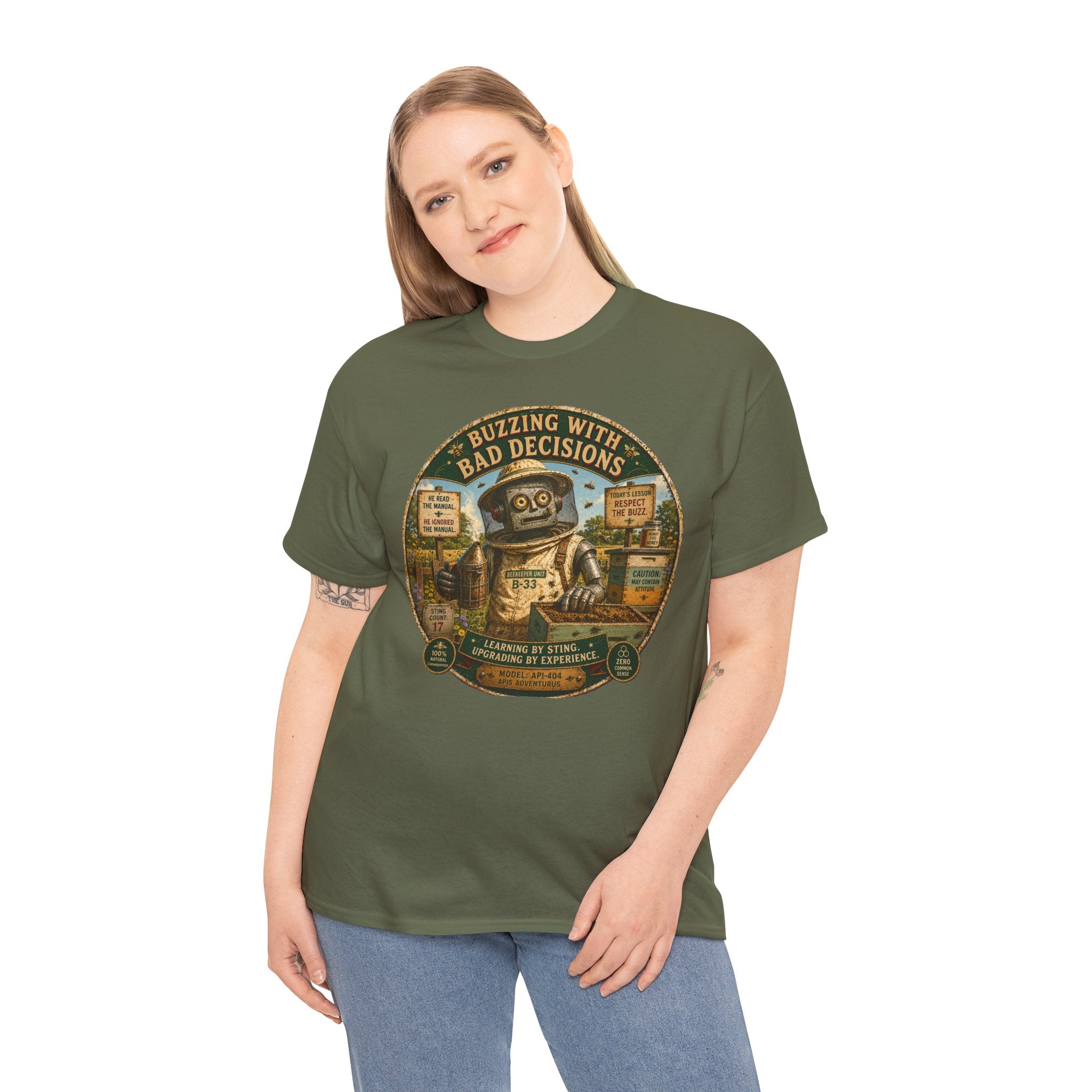 Buzzing With Bad Decisions T-Shirt — Funny Robot Beekeeper Graphic Tee