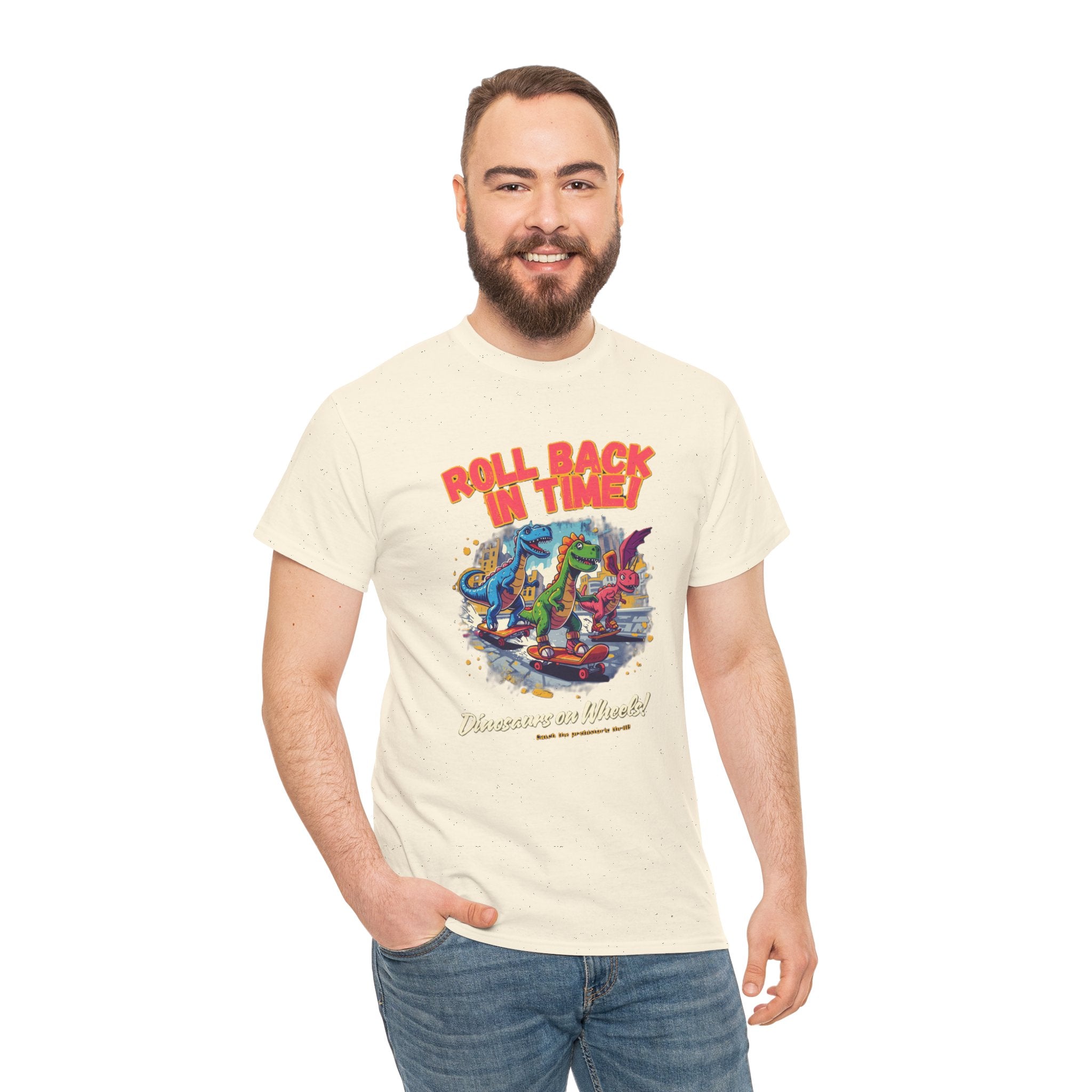 Roll Back In Time T-Shirt | Skateboarding Dinosaurs Street Art Design | Funny Dino Graphic Tee | Cartoon Fun Collection