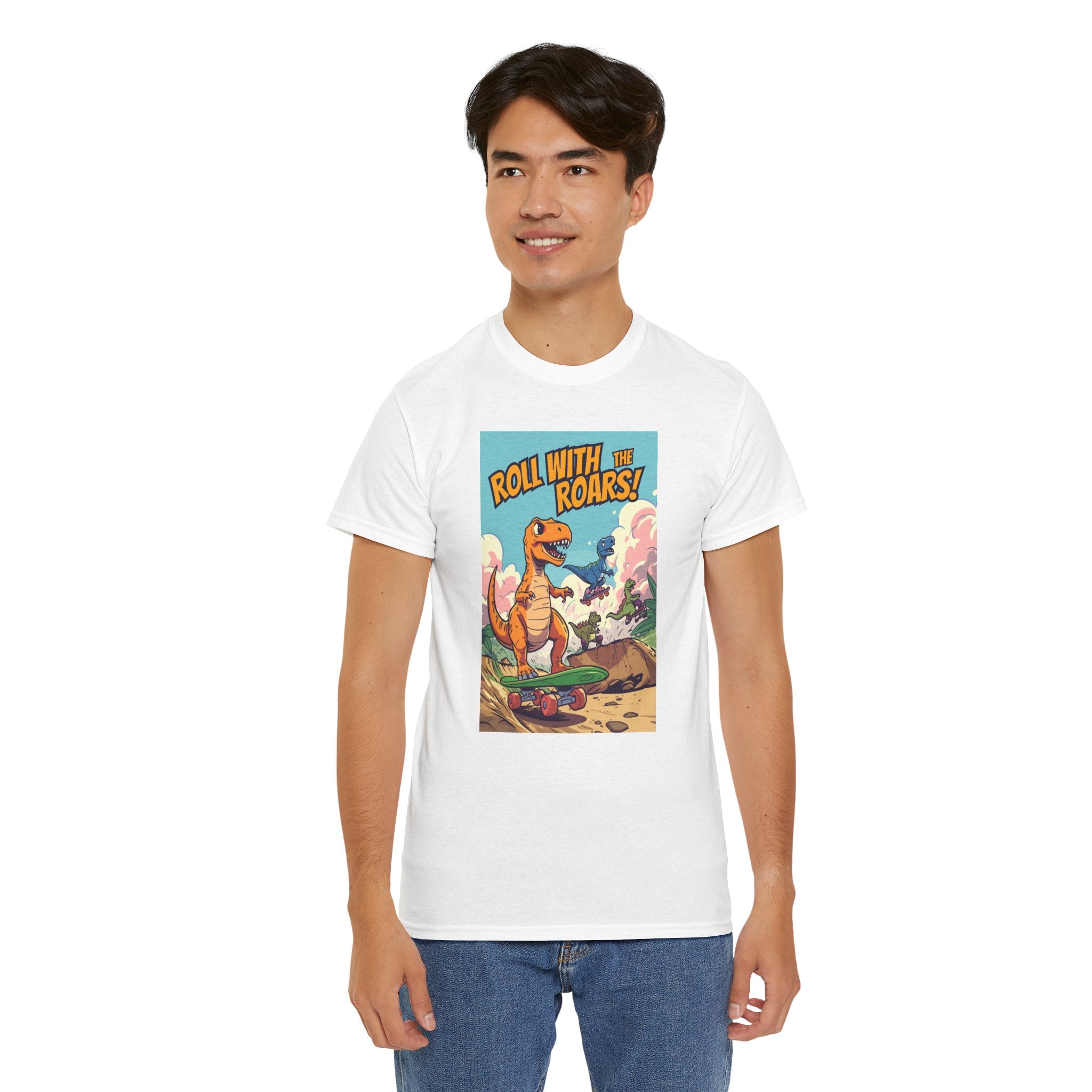 Roll With The Roars T-Shirt | Skateboarding T-Rex Pack Jungle Design | Funny Dinosaur Graphic Tee | Cartoon Fun Collection
