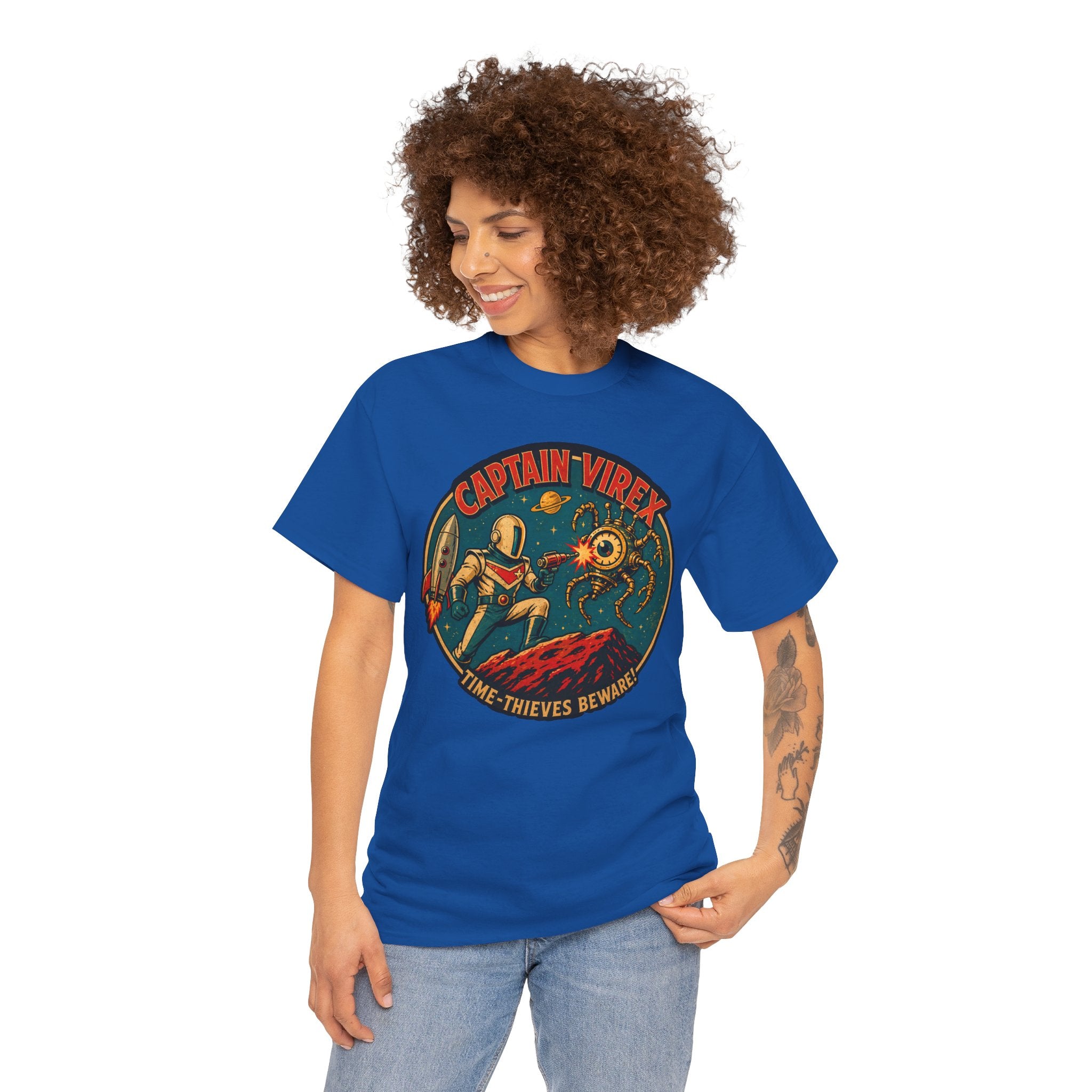 Captain Virex Retro Space Hero T-Shirt | Vintage Sci-Fi Robot Battle Graphic Tee | Classic 1950s Space Age Design