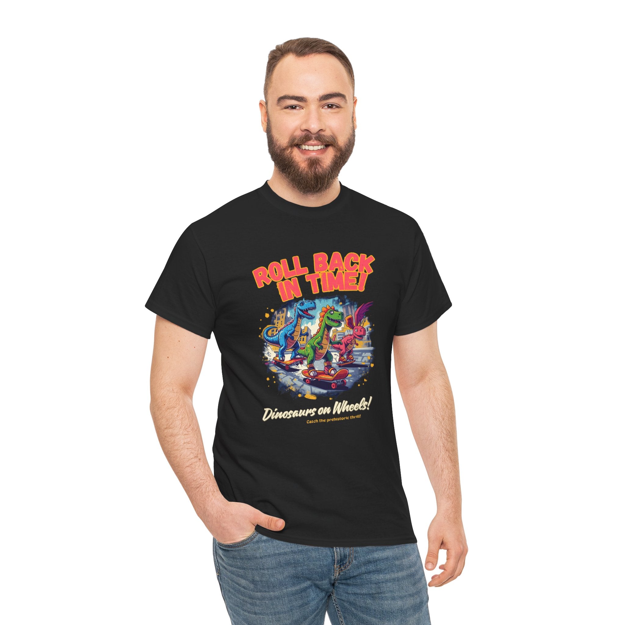 Roll Back In Time T-Shirt | Skateboarding Dinosaurs Street Art Design | Funny Dino Graphic Tee | Cartoon Fun Collection
