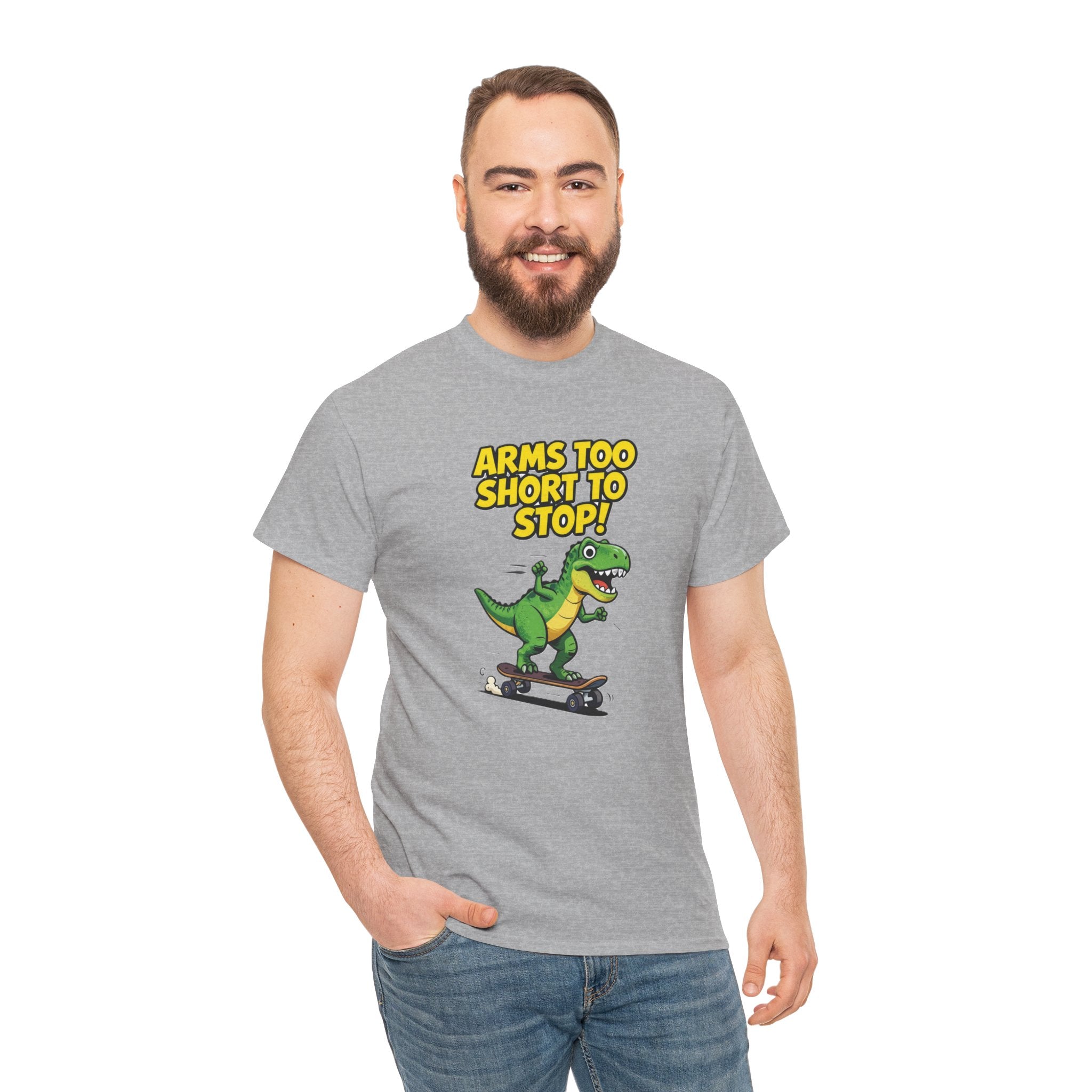 Arms Too Short to Stop T-Shirt – Funny T-Rex Skateboard Cartoon Dinosaur | T-Rex Arms Pun Graphic Tee