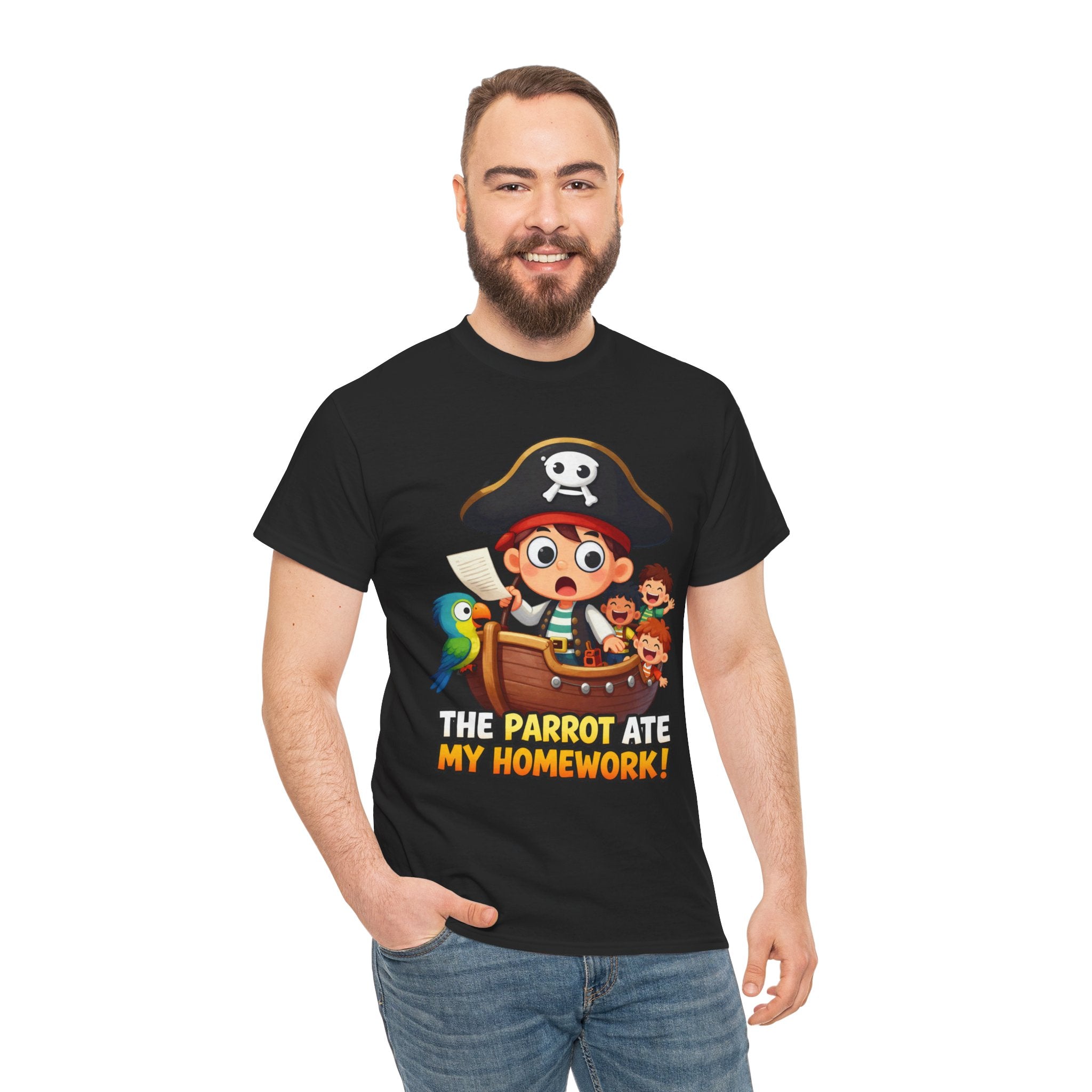 The Parrot Ate My Homework T-Shirt – Funny Pirate School Excuse Cartoon | Kids Pirate Humour Graphic Tee