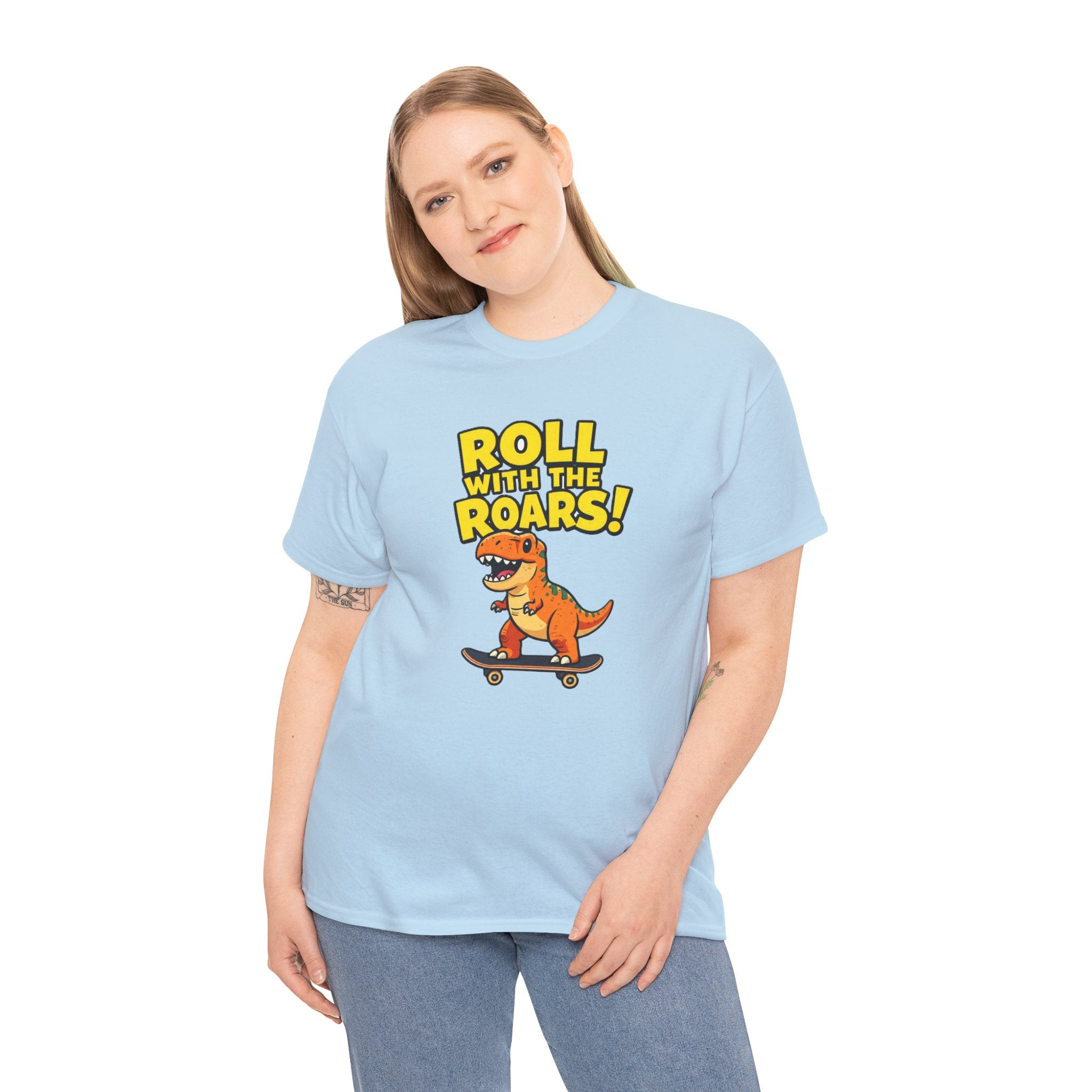 Roll With the Roars T-Shirt – Funny T-Rex Skateboard Cartoon Dinosaur | Dino Skater Graphic Tee
