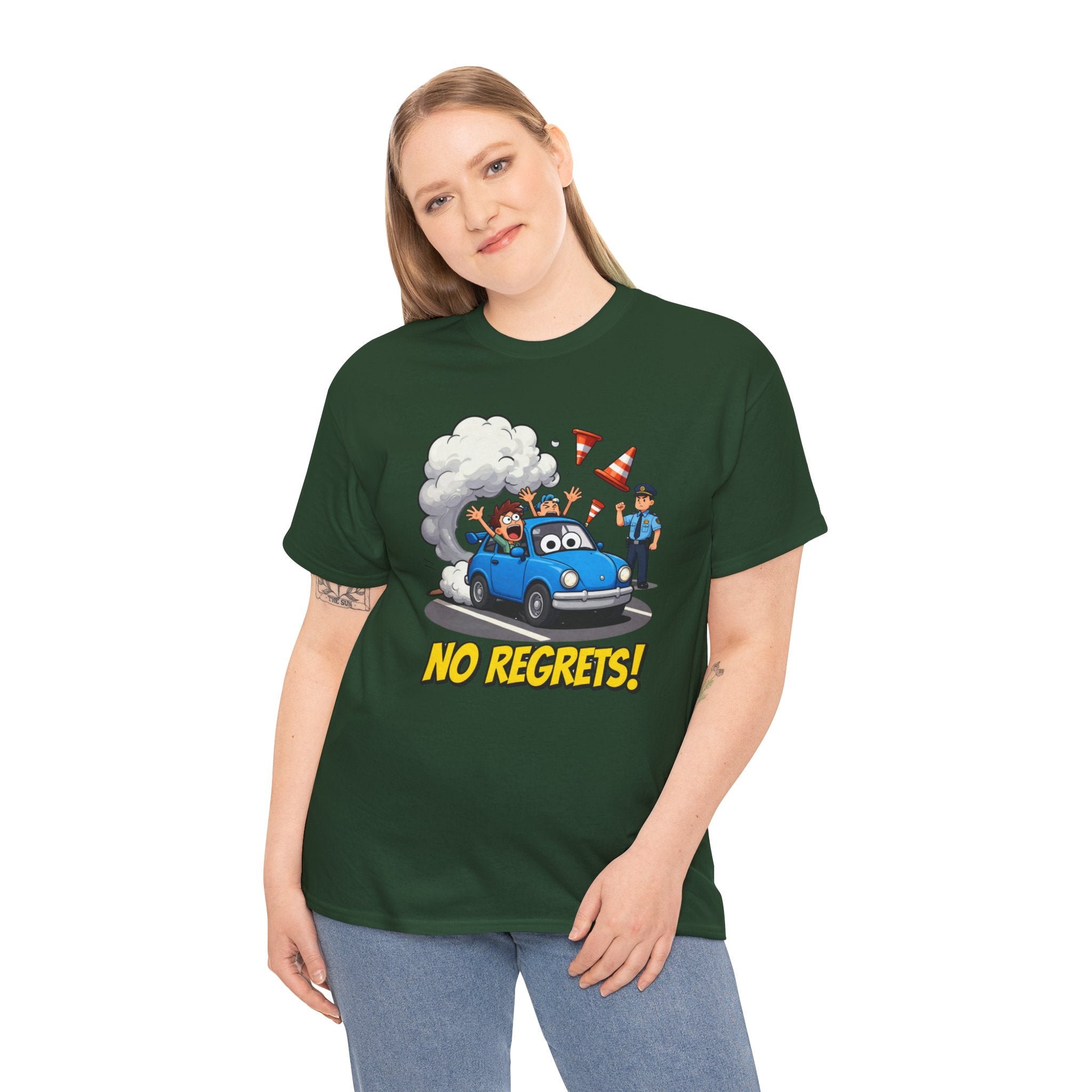 No Regrets T-Shirt – Funny Cartoon Car Police Chase Road Cone Chaos | Bad Driver Motoring Humour Graphic Tee