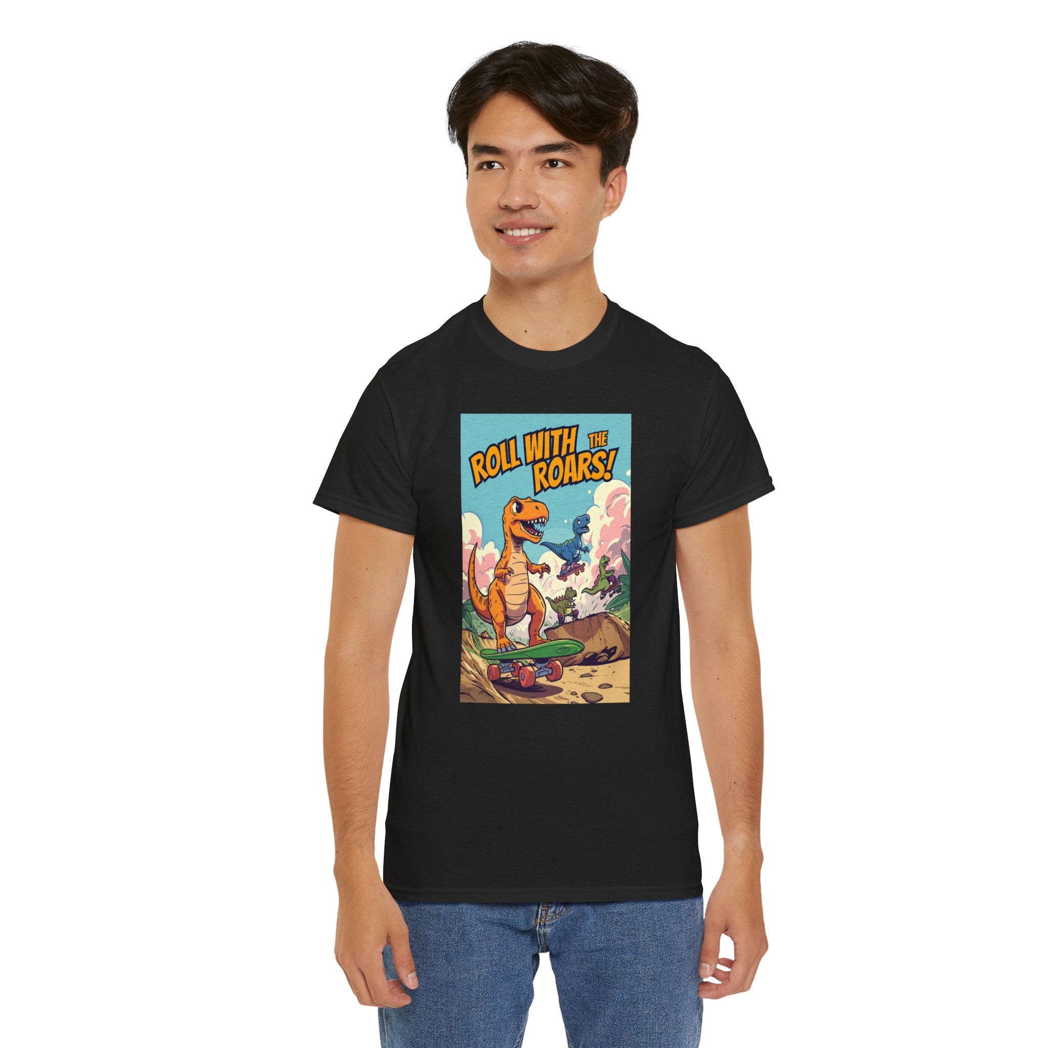 Roll With The Roars T-Shirt | Skateboarding T-Rex Pack Jungle Design | Funny Dinosaur Graphic Tee | Cartoon Fun Collection