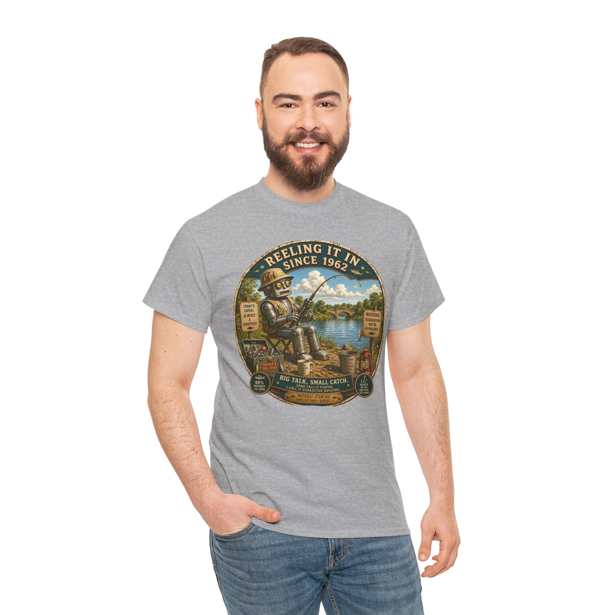 Reeling It In Since 1962 T-Shirt — Funny Robot Angler Graphic Tee