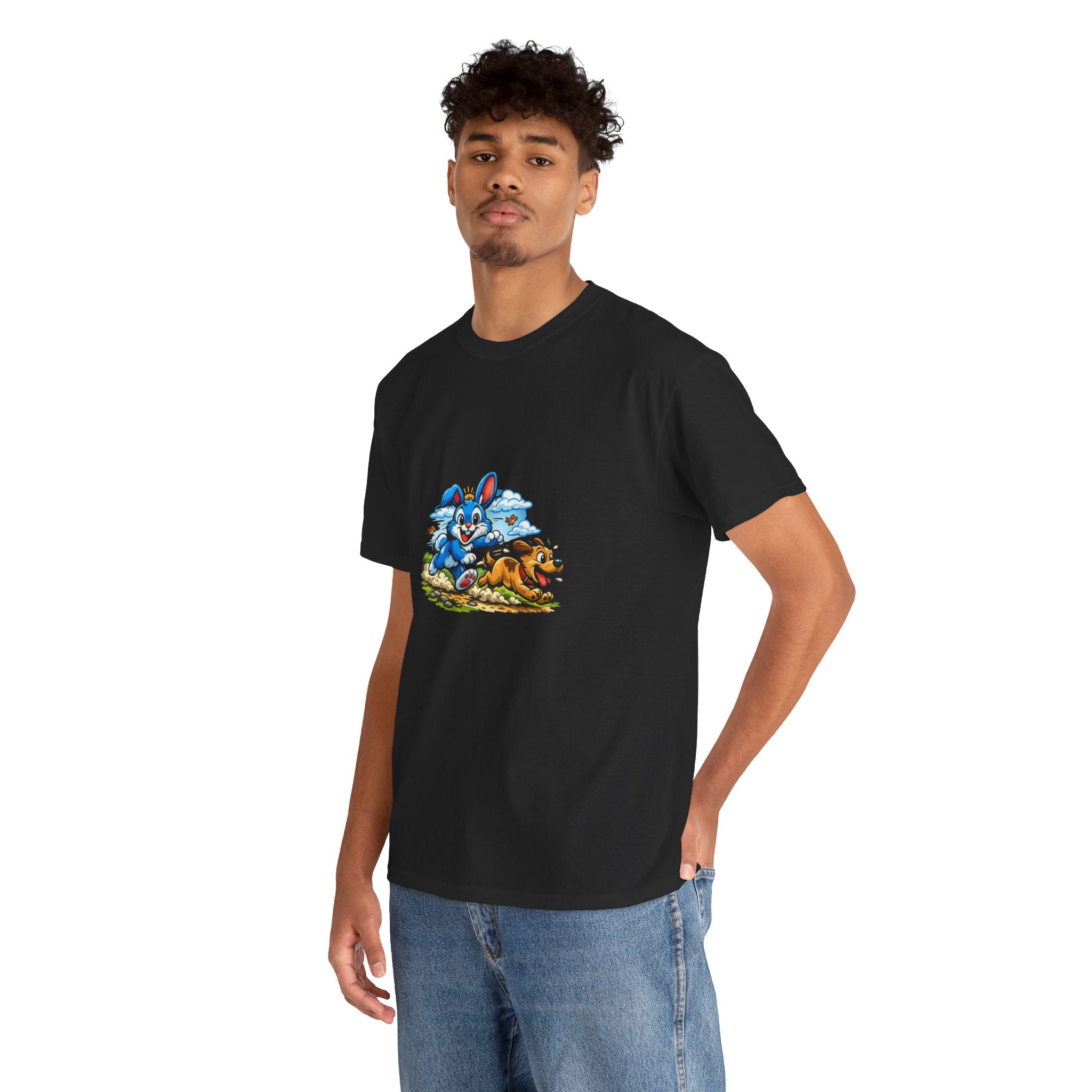 T-Shirt — Playful Blue Bunny & Dog Cartoon Graphic Tee