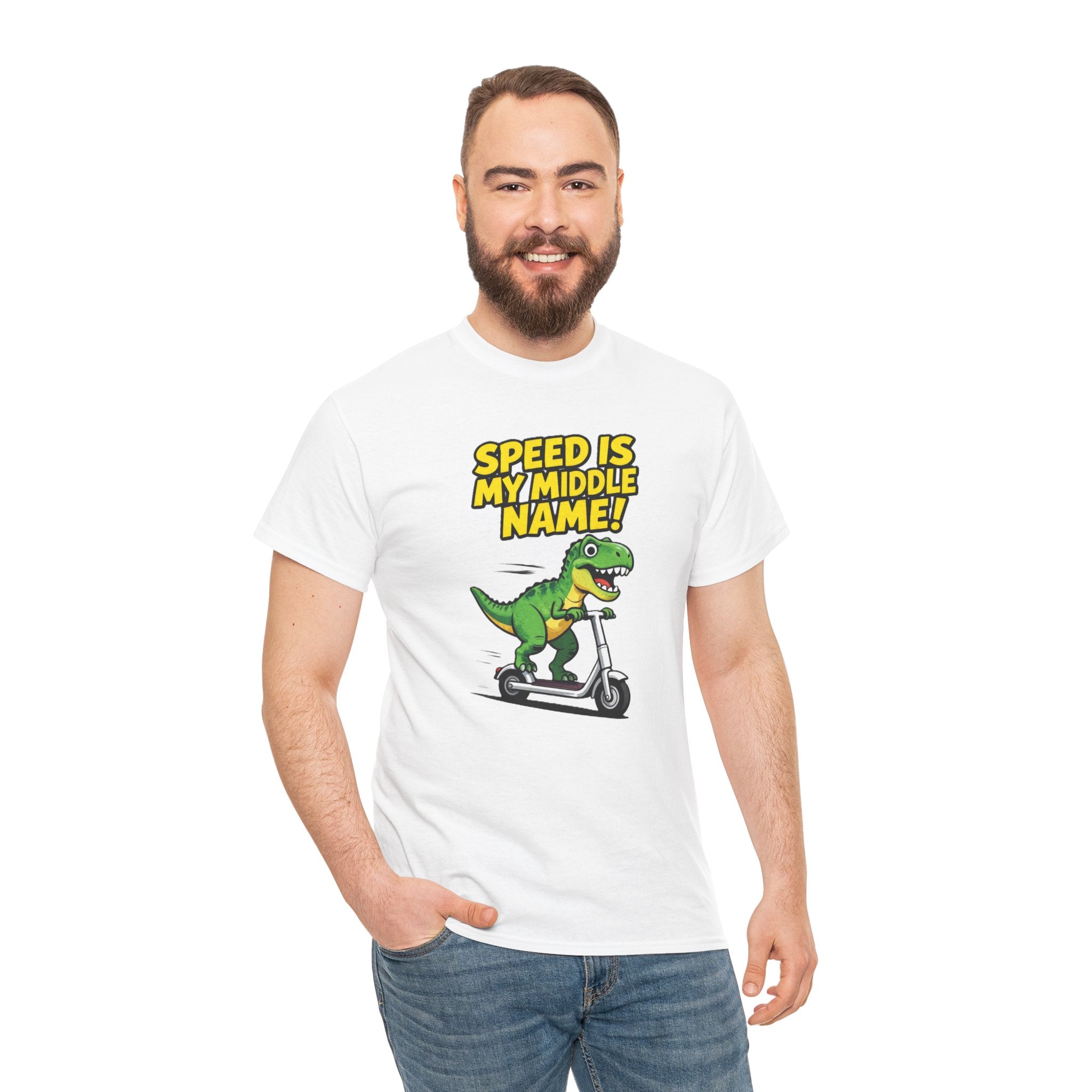 Speed Is My Middle Name T-Shirt – Funny T-Rex Electric Scooter Cartoon Dinosaur | Fast Dino Graphic Tee