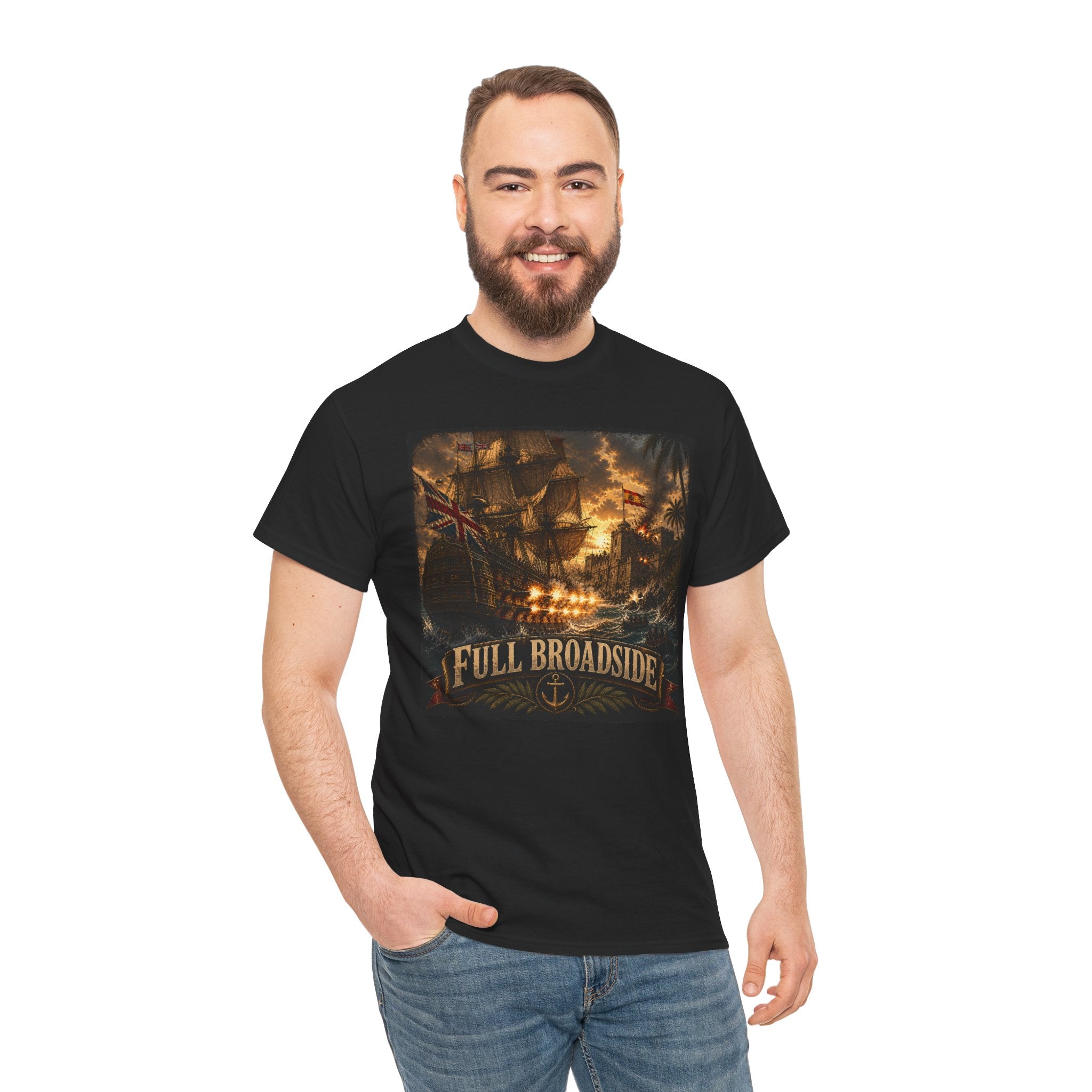 Full Broadside T-Shirt | Tall Ship Cannon Battle Graphic Tee | Age of Sail Naval History Shirt