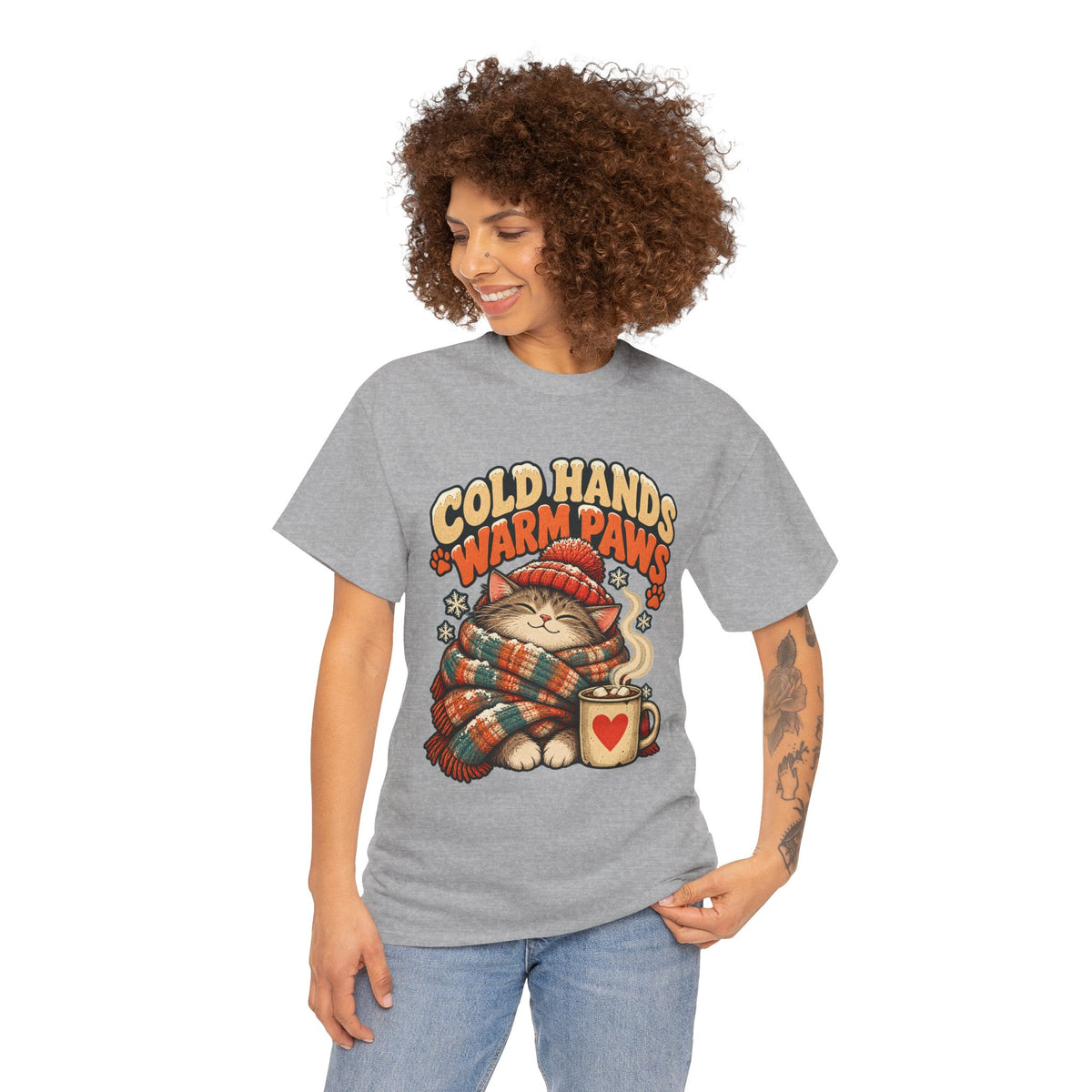 Cold Hands Warm Paws Cat T-Shirt – Cozy Winter Cat Tee with Scarf & Hot Cocoa