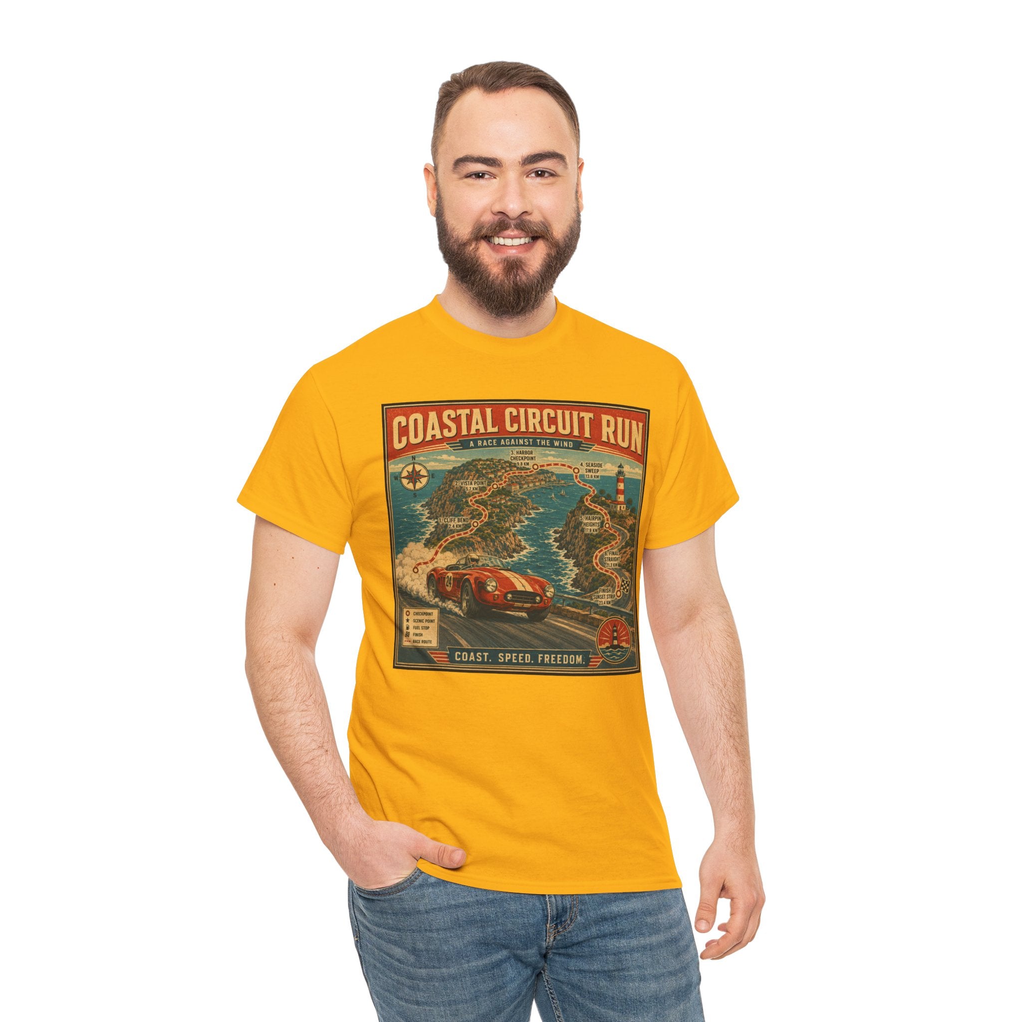 Coastal Circuit Run T-Shirt | Vintage Racing Map Graphic Tee | Classic Car Rally Route Shirt | Retro Motorsport Travel Poster Art