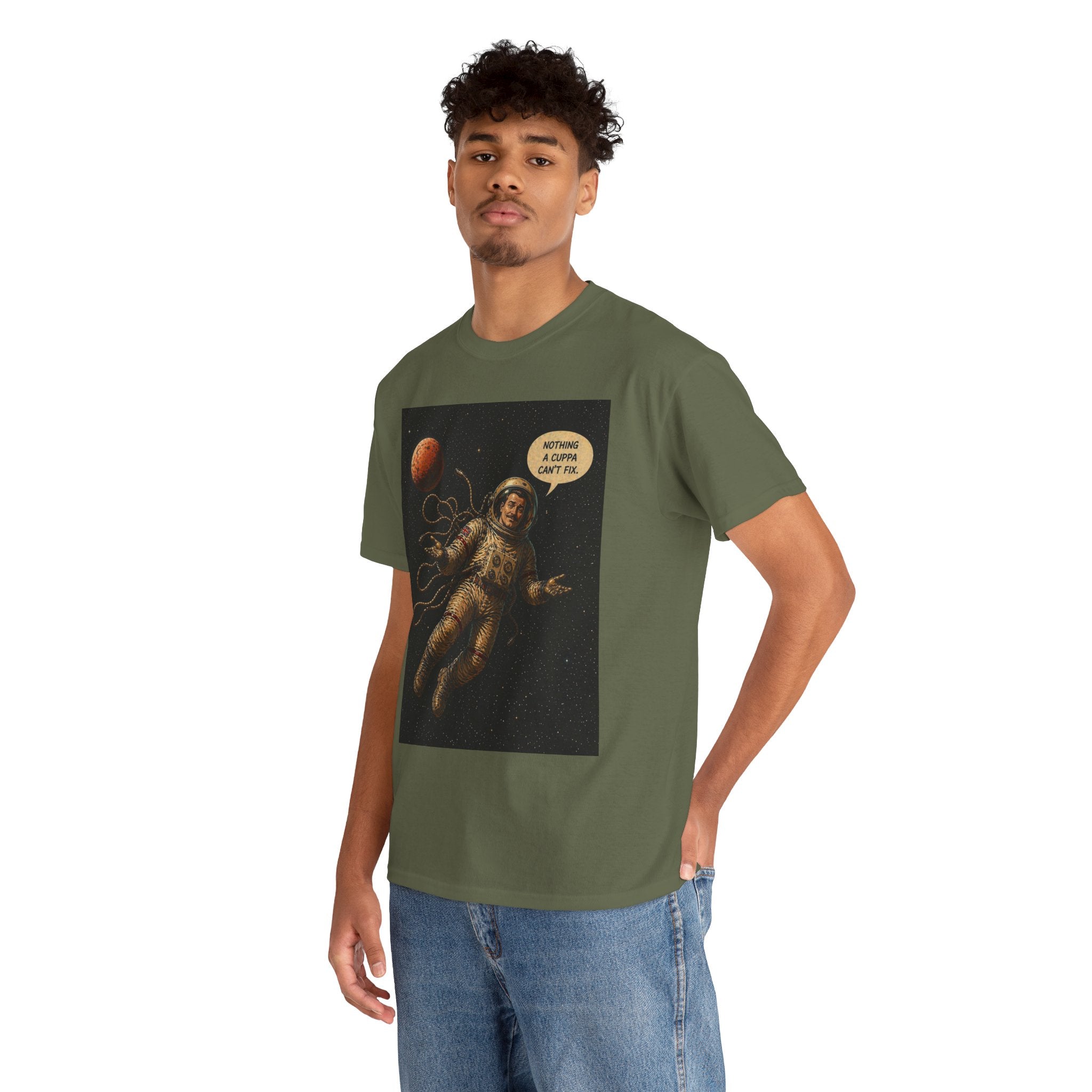 Nothing a Cuppa Can't Fix T-Shirt | Funny Astronaut Space Graphic Tee | British Humour Sci-Fi Shirt