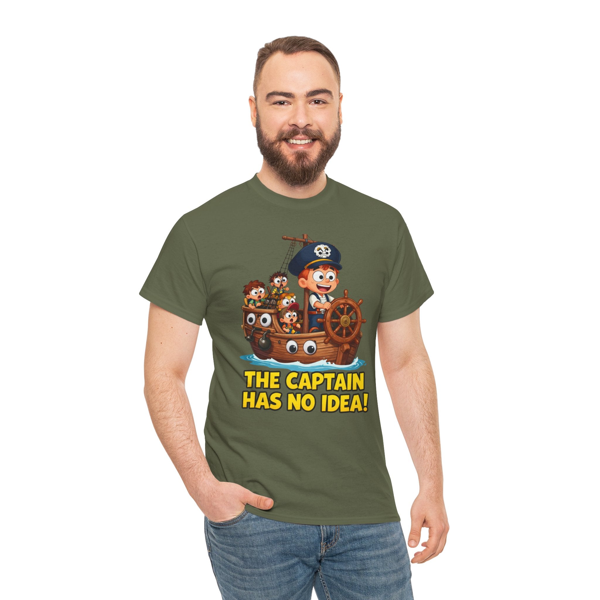 The Captain Has No Idea T-Shirt – Funny Cartoon Pirate Ship Clueless Captain | Nautical Humour Graphic Tee