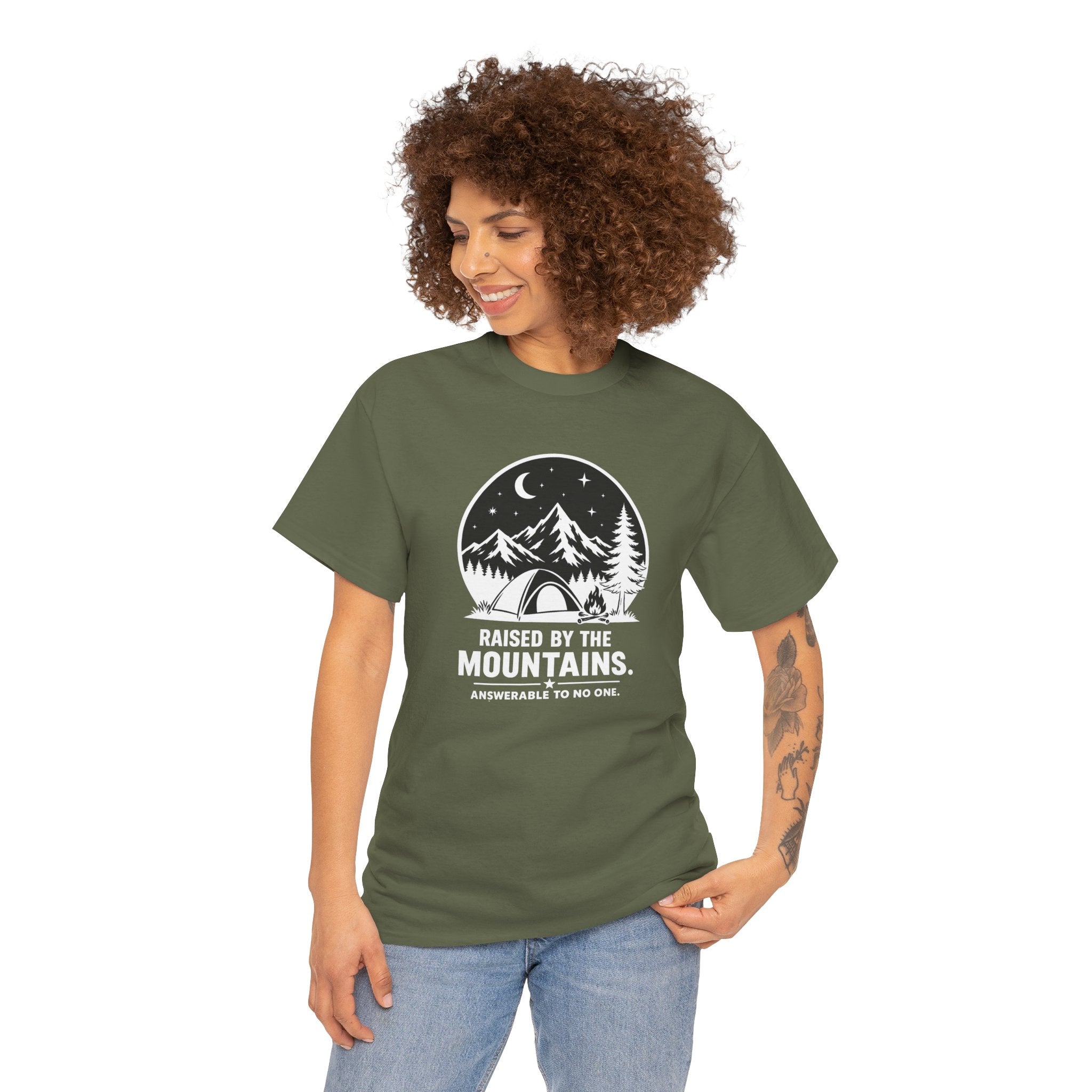 Raised By The Mountains T-Shirt — Mountain Tent Moon Graphic Tee