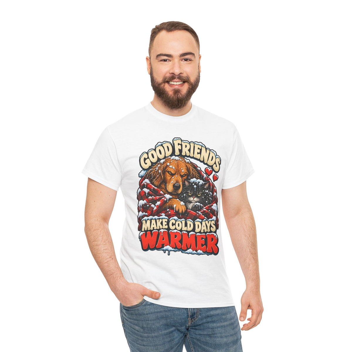 Good Friends Make Cold Days Warmer: Dog and Cat Winter T-Shirt