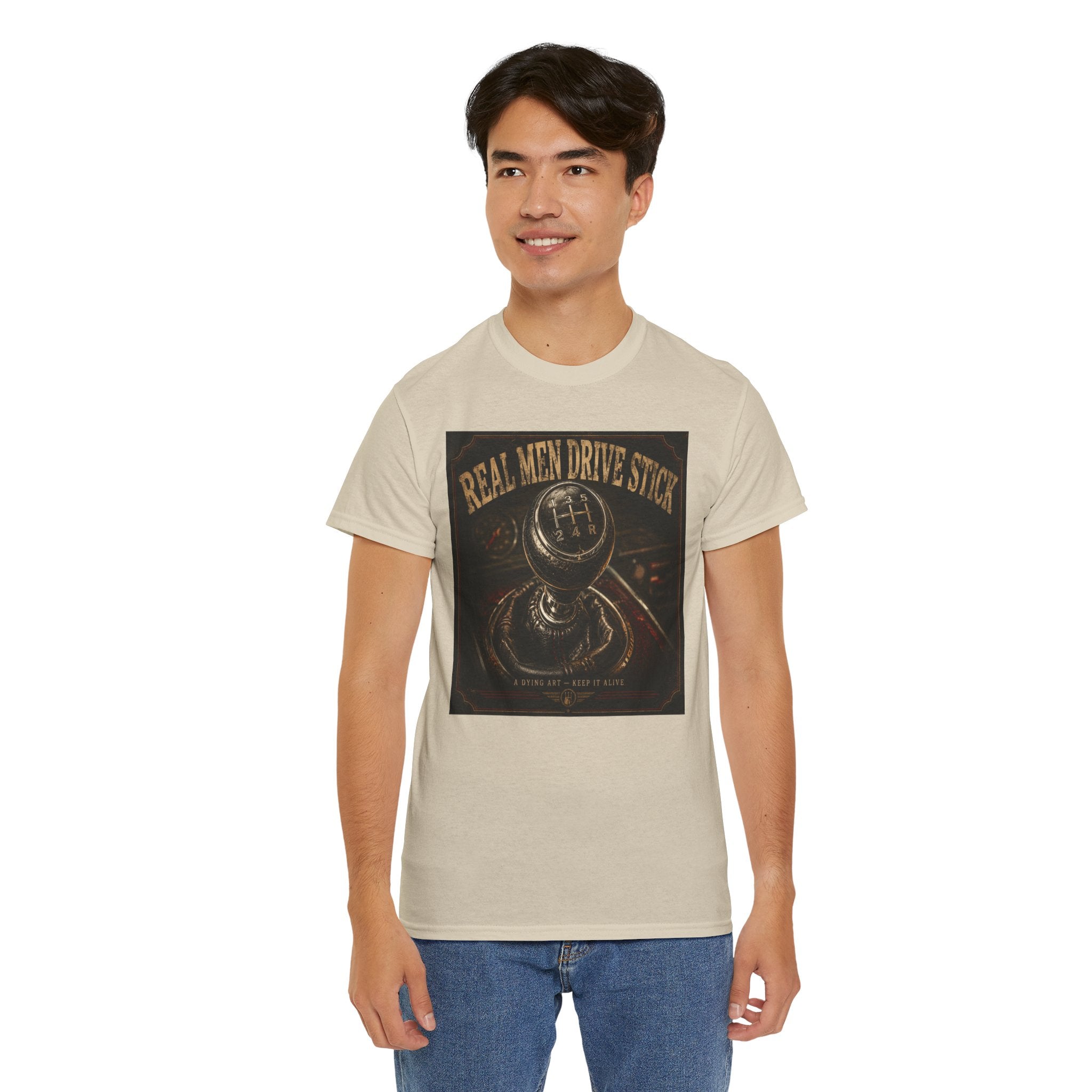 Real Men Drive Stick T-Shirt | Manual Transmission Graphic Tee | Stick Shift Car Lover Shirt | Vintage Gearhead Humour Art