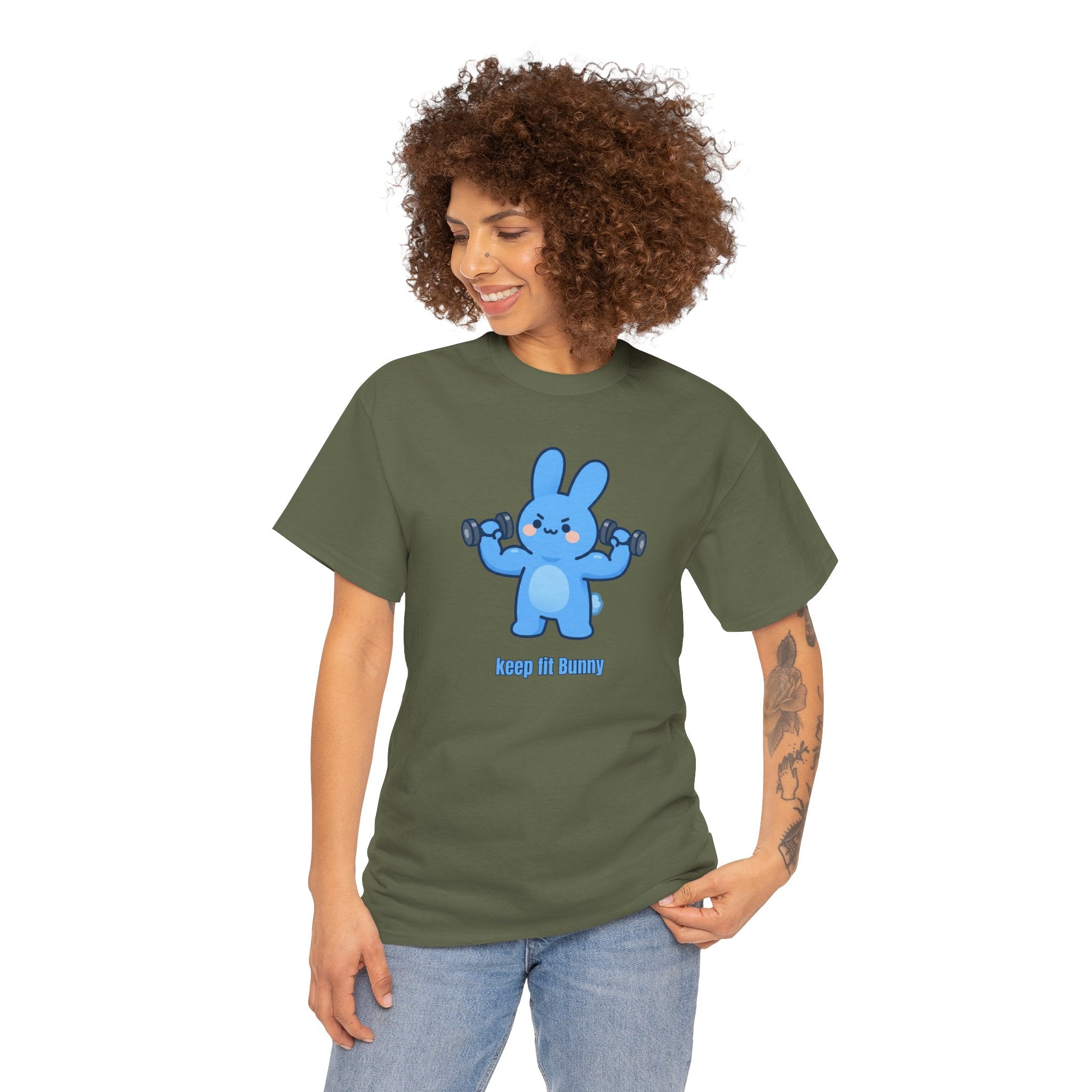 Cute Blue Bunny Weightlifting Tee — "Keep it Bunny" Fitness T-Shirt - Cute AND strong?! 💪🐰 Meet Keep Fit Bunny — pumping dumbbells, flexing hard, and looking absolutely determined. The most motivated little bunny you'll ever meet!
