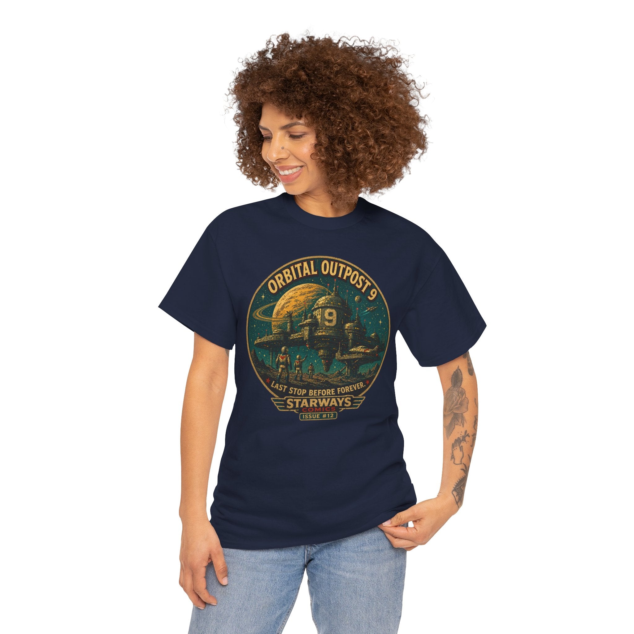 Orbital Outpost 9 T-Shirt | Retro Sci-Fi Space Station Graphic Tee | Vintage Astronaut Comic Shirt | Starways Comics Issue 12