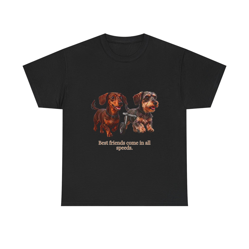 Dachshund Friends T-Shirt — Best Friends Roll Together | Cute Dachshund Mobility Dog Tee | Heartwarming Furry Friends Graphic T-Shirt
