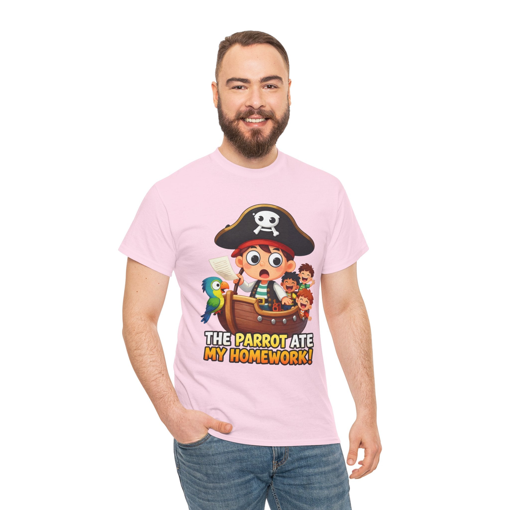 The Parrot Ate My Homework T-Shirt – Funny Pirate School Excuse Cartoon | Kids Pirate Humour Graphic Tee