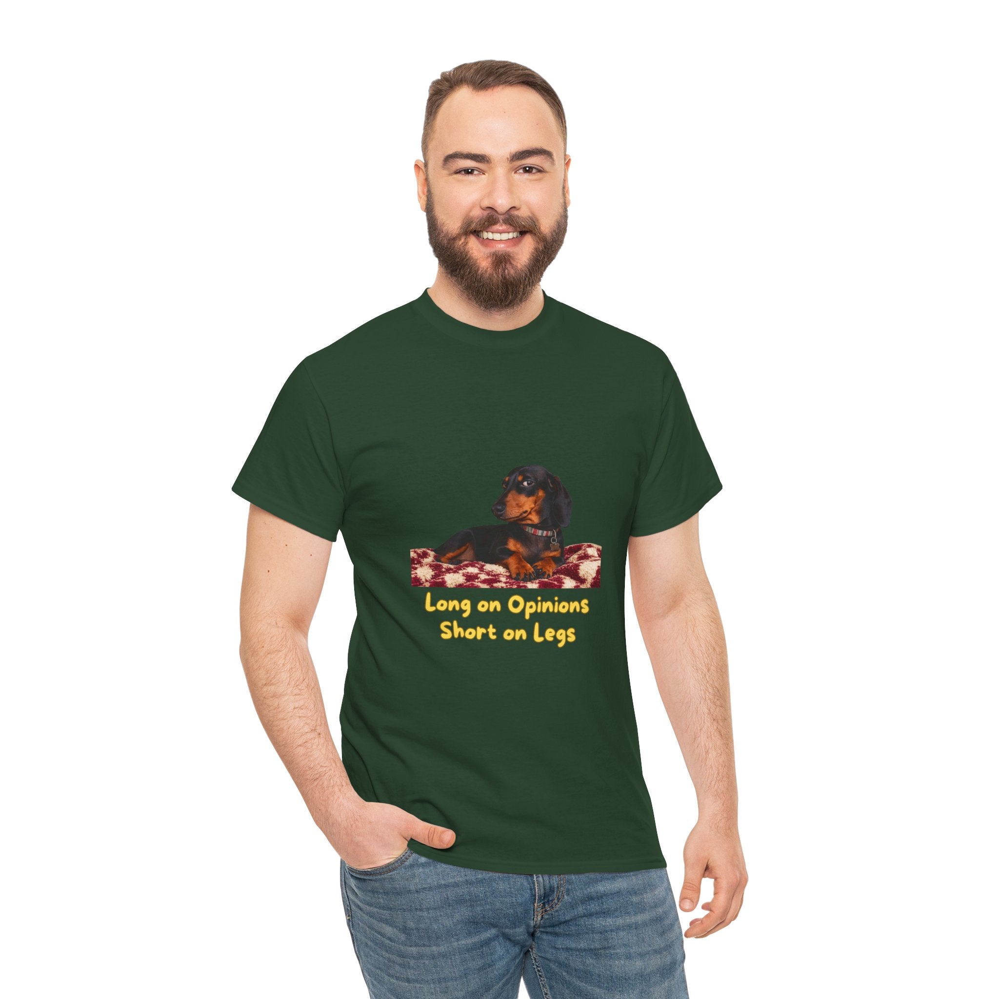 Long on Opinions Short on Legs T-Shirt – Funny Dachshund Sausage Dog Quote | Wiener Dog Attitude Graphic Tee