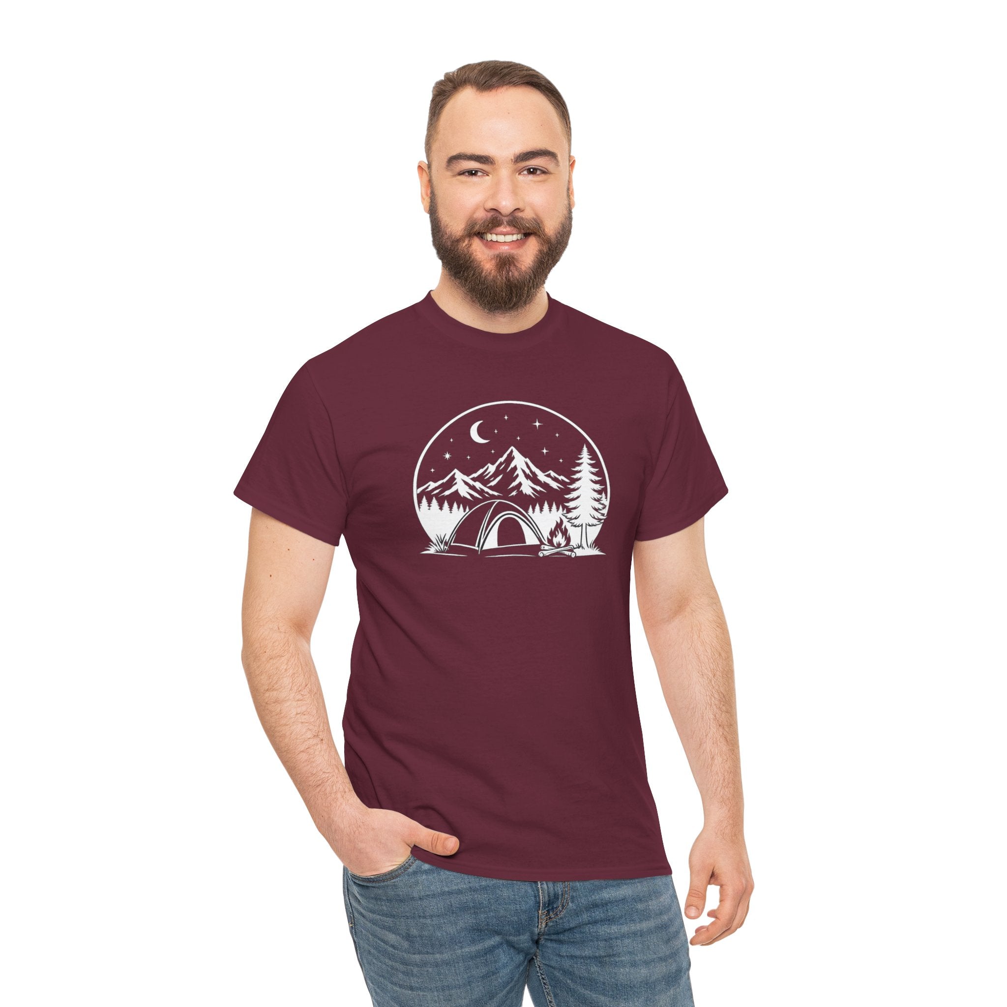 Camping Tent Mountain Tee — Minimal Outdoor Camping T-Shirt