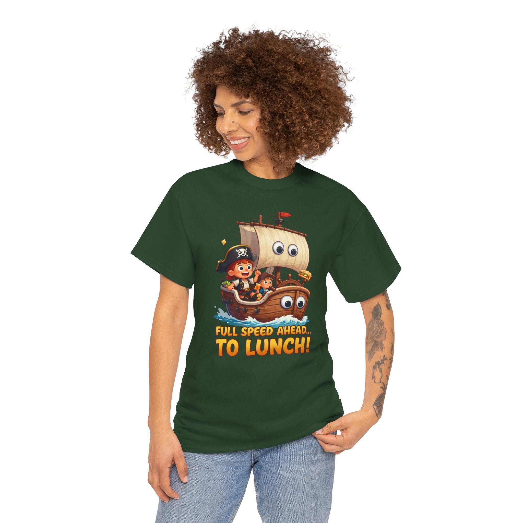 Full Speed Ahead To Lunch T-Shirt – Funny Pirate Ship Food Cartoon | Nautical Foodie Humour Graphic Tee