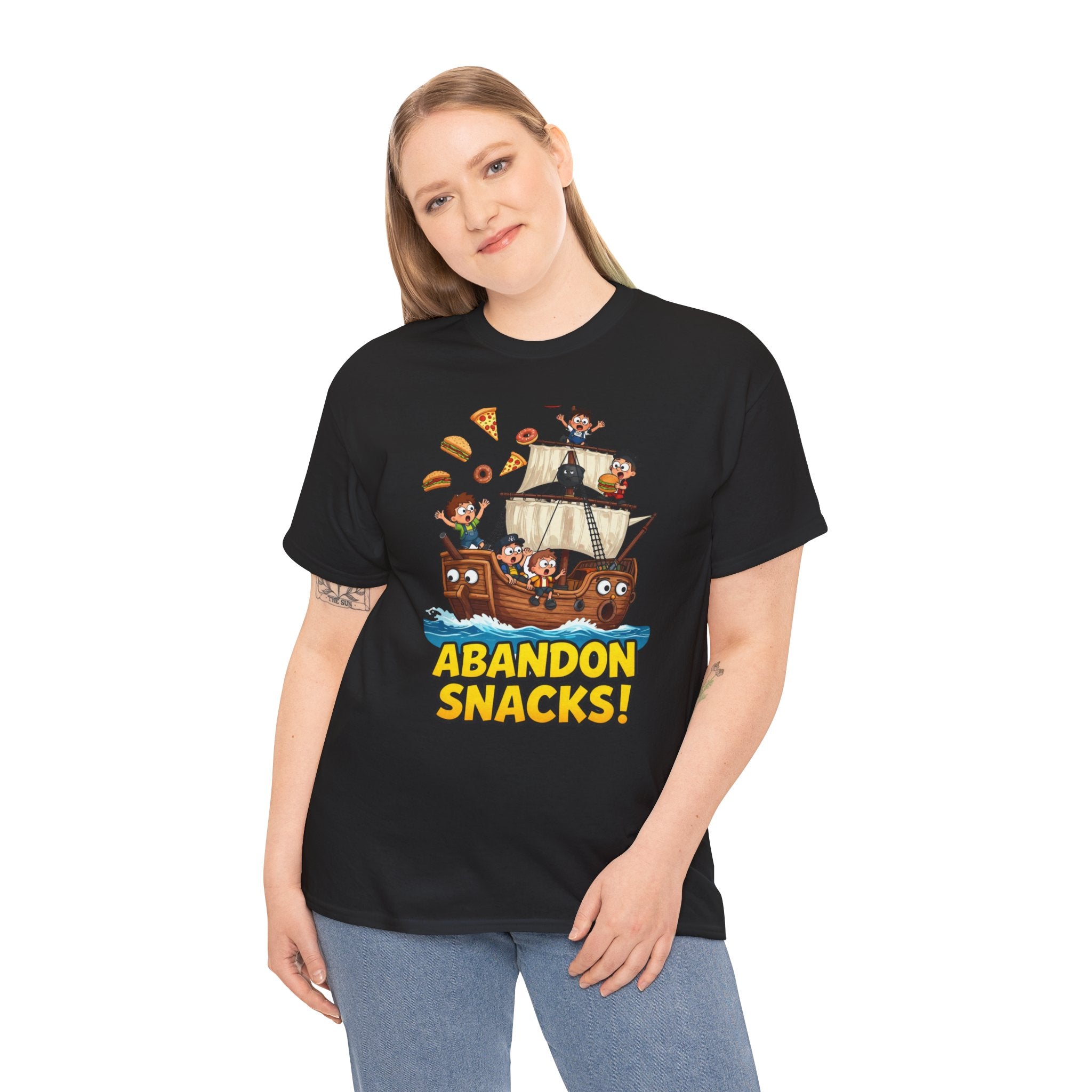 Abandon Snacks T-Shirt – Funny Pirate Ship Food Chaos Cartoon | Nautical Humour Foodie Graphic Tee